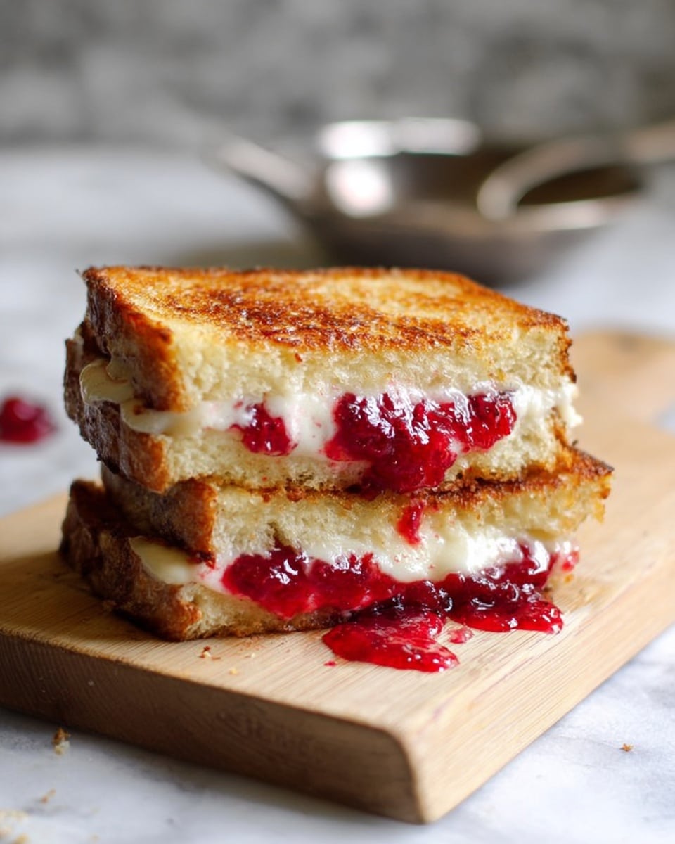 A toasted sandwich is cut in half and stacked on a light wooden board. The sandwich has two layers of golden-brown toasted bread with a crispy texture. Inside, the top layer shows melted white cheese, and the bottom layer has a bright red berry jam that looks slightly shiny and spread unevenly, with some jam oozing out onto the cutting board. The background is blurry but shows a silver spoon resting in a round container, all placed on a white marbled surface. Photo taken with an iphone --ar 4:5 --v 7