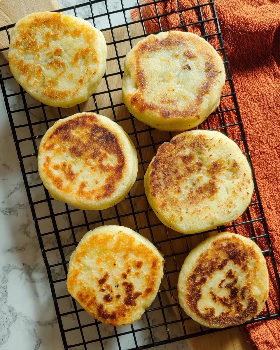 Six round, golden brown patties with a light, slightly uneven texture are cooling on a black wire rack. Each patty shows variations in browning, from light yellowish spots to darker toasted areas, giving them a homemade look. The patties are thick and fluffy, arranged casually with small gaps between them. The wire rack sits on a surface with a white marbled texture, and an orange cloth is partially visible at the top right corner. The lighting highlights the warm tones and soft texture of the patties, making them look fresh and ready to eat photo taken with an iphone --ar 4:5 --v 7
