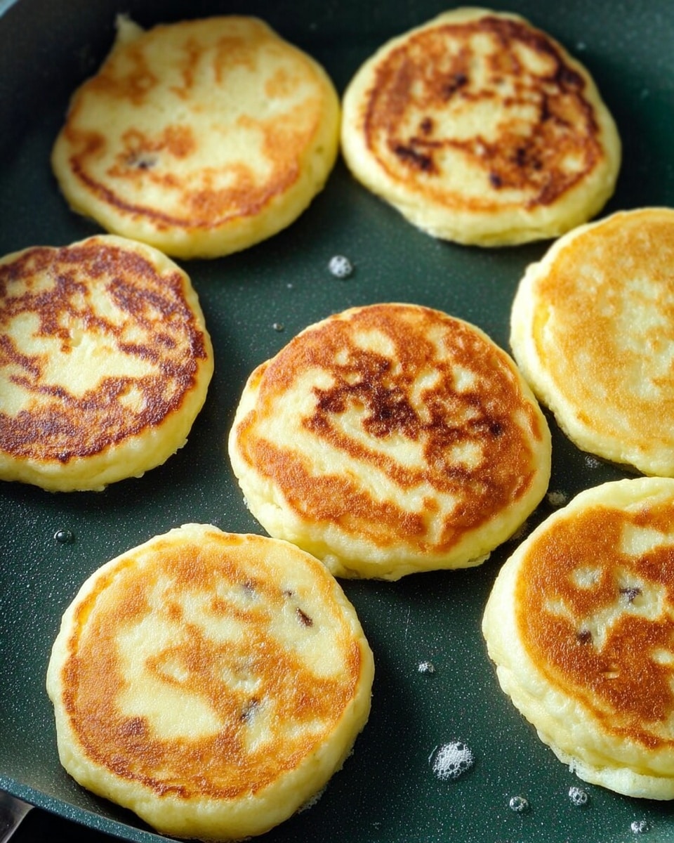 Seven round pancakes are shown cooking on a dark green non-stick pan. Each pancake has a golden-brown top with uneven, crispy spots, while the edges remain a lighter yellow, showing softness. The pancakes are thick and fluffy, giving a soft texture impression. They are evenly spaced across the pan with some small oil drops visible. The background is not in focus, keeping attention on the cooking pancakes. photo taken with an iphone --ar 4:5 --v 7