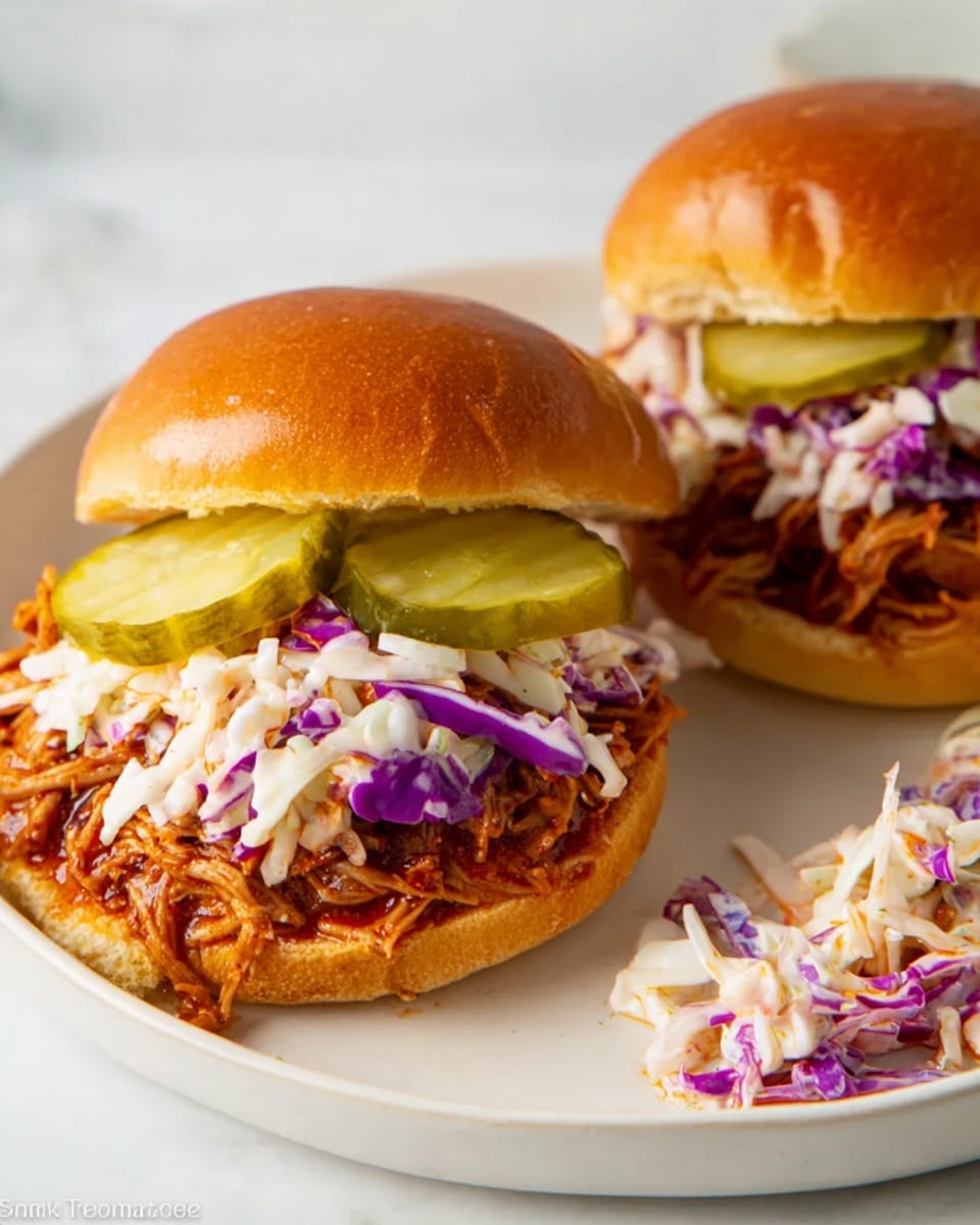The image shows two sandwiches on a white plate placed on a white marbled surface. Each sandwich has a golden-brown soft bun on top and bottom. Inside, there is a layer of shredded meat covered in a reddish sauce at the bottom. On top of the meat is a colorful layer of coleslaw made of shredded purple and white cabbage and some carrots mixed with a creamy dressing. Two pickle slices with a slightly translucent green color and ridged texture rest on the coleslaw layer in each sandwich. Photo taken with an iphone --ar 4:5 --v 7