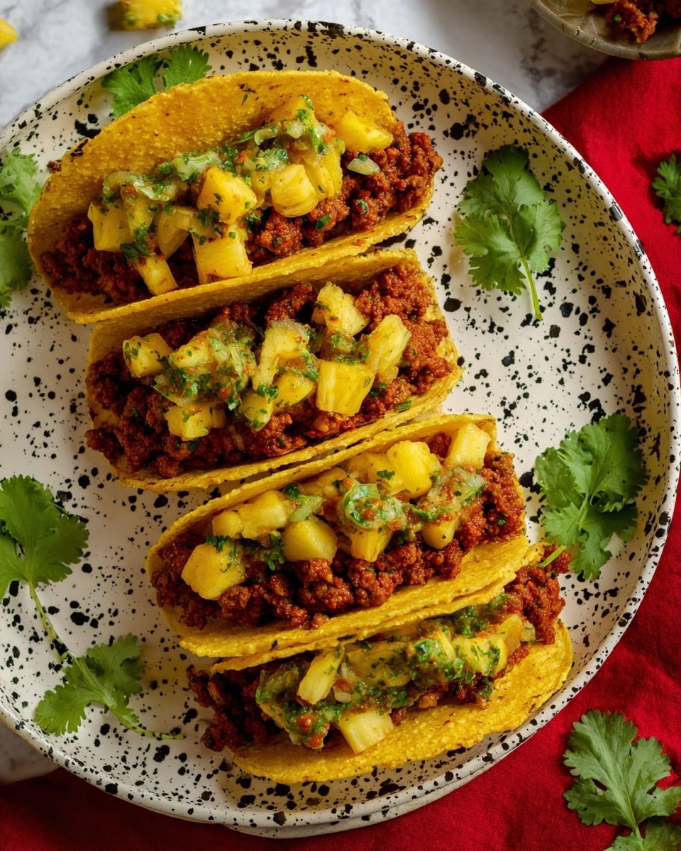 The image shows four tacos on a white plate with black spots and splashes. Each taco has three layers: the bottom layer is a crispy yellow corn taco shell, the middle layer is cooked ground meat with a reddish-brown color, and the top layer is bright yellow pineapple chunks mixed with green herbs, possibly salsa or cilantro. The tacos are arranged so you can see the fillings clearly, and fresh cilantro leaves are placed around the plate. The background has a white marbled texture, and there is a red cloth partly visible near the bottom right corner of the image. photo taken with an iphone --ar 4:5 --v 7