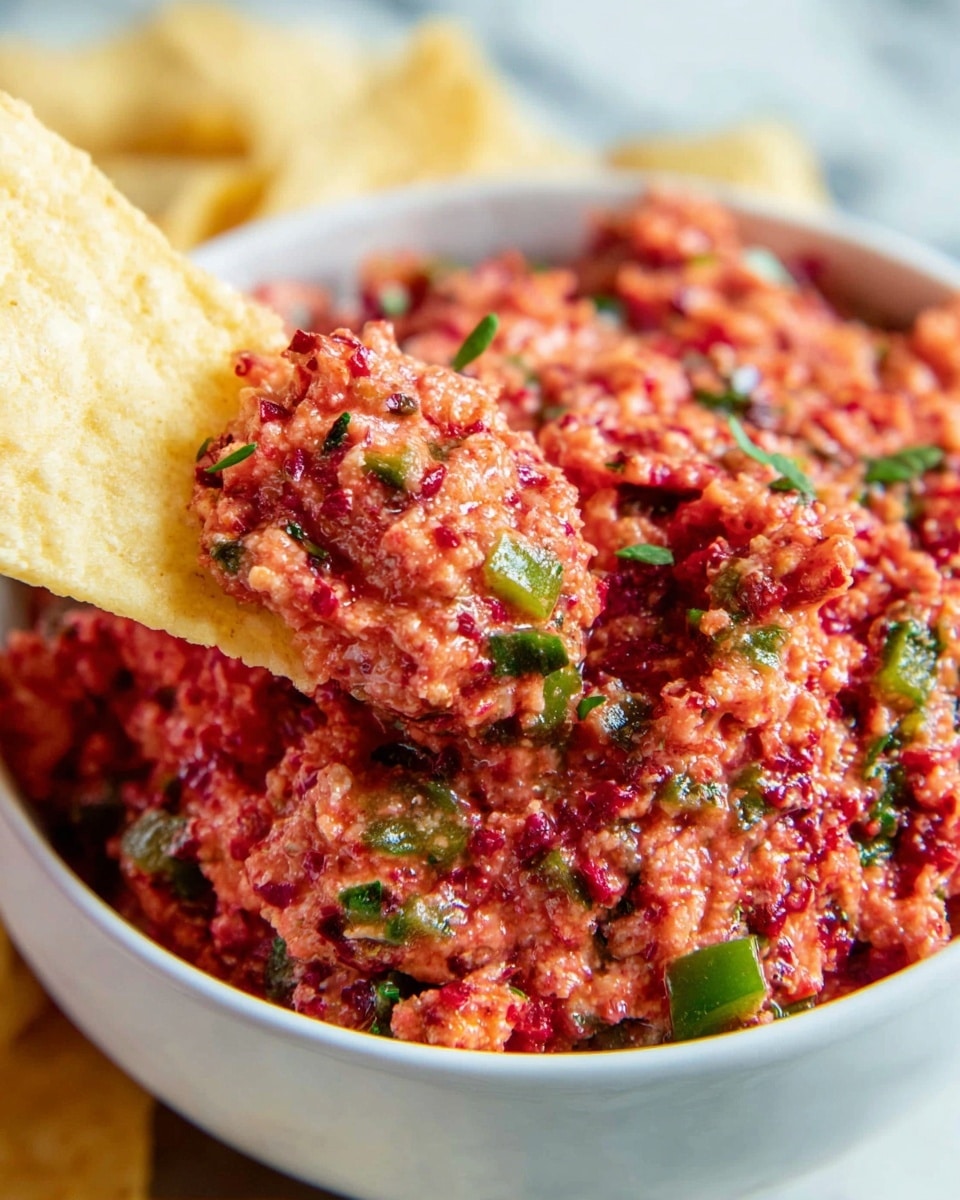 A close-up of a white bowl filled with a chunky, bright red and pink dip that has pieces of green pepper and herbs mixed in, giving it a fresh and textured look. A pale yellow chip is scooping some of the dip, showing the mix of colors and coarse texture with bits of pepper and leafy green herbs clearly visible. The bowl sits on a white marbled surface with more chips blurred in the background, making the dip the main focus. Photo taken with an iphone --ar 4:5 --v 7