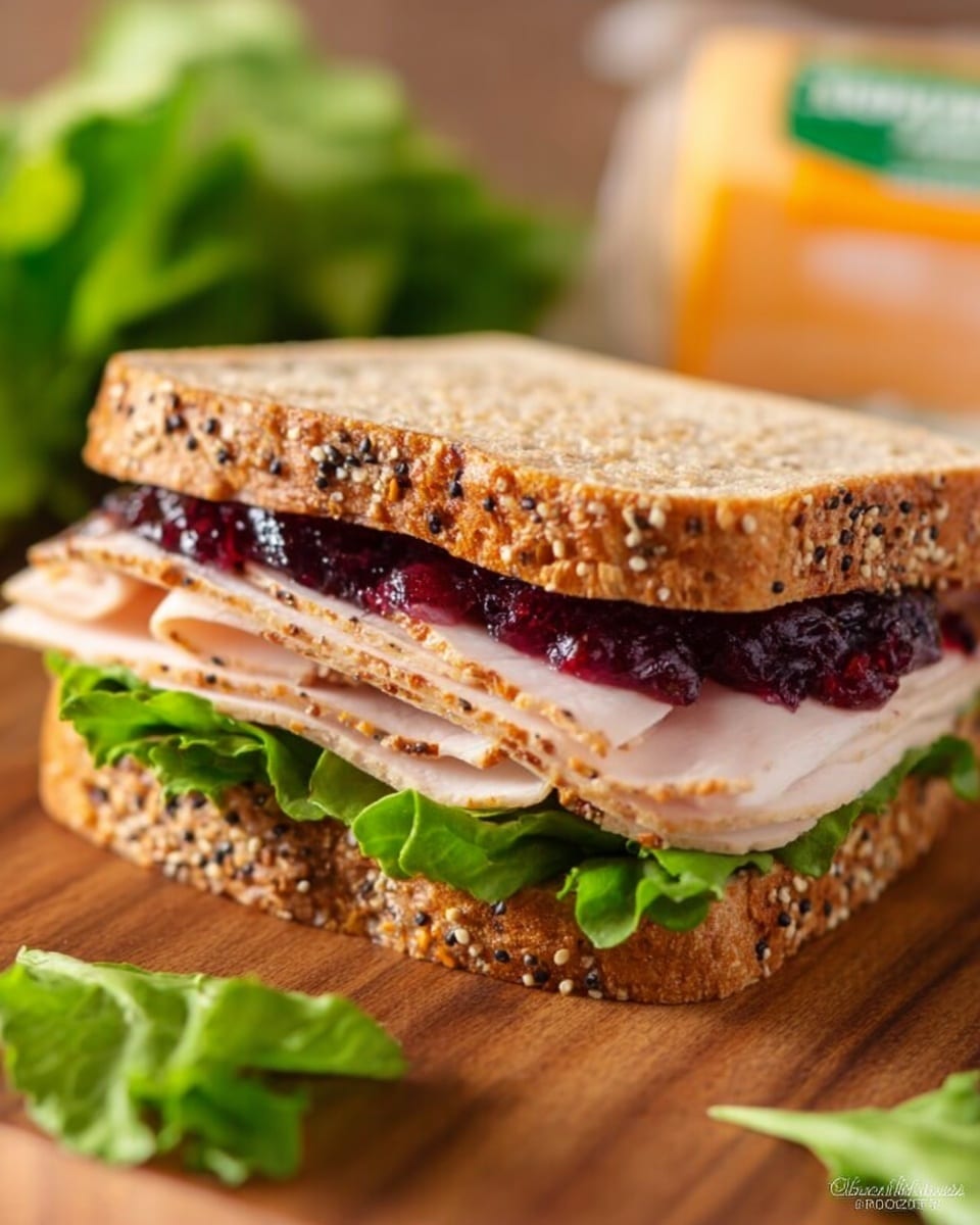 A sandwich made with two slices of whole grain bread that have visible mustard seeds on the crust. Inside, there are layers starting with green lettuce at the bottom, followed by several thin slices of light pink turkey meat, then a layer of dark purple jelly spread on the top slice of bread. The sandwich is on a wooden surface with some fresh green lettuce leaves and a packaged cheese block blurred in the background. The photo taken with an iphone --ar 4:5 --v 7