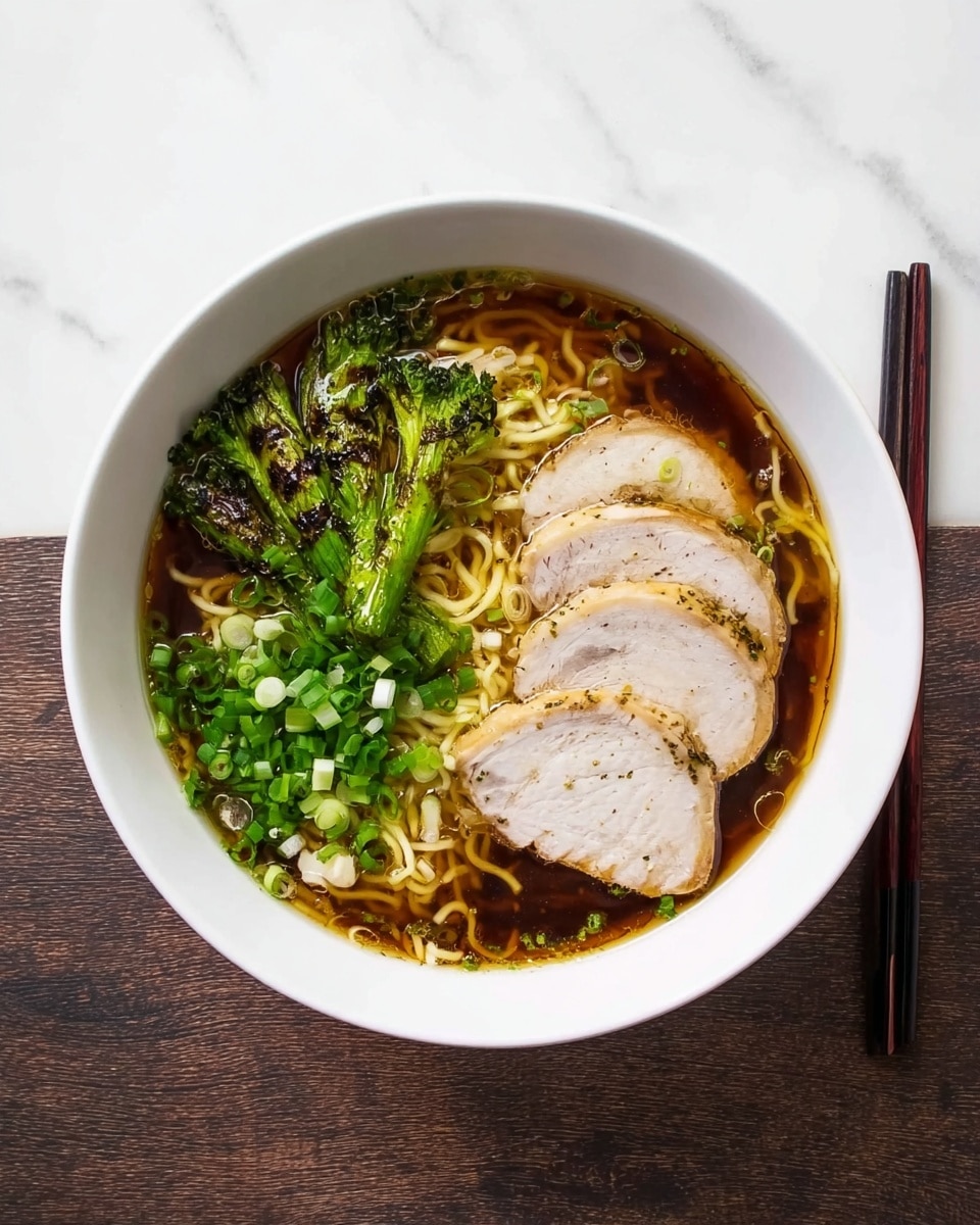 A white bowl on a white marbled surface holds a dark broth with thin yellow noodles filling the bottom layer. On top of the noodles are two slices of light tan cooked meat placed side by side on the right. To the left of the meat is a small cluster of bright green grilled vegetables with char marks. In the center, bright green chopped scallions add a fresh pop of color. Small bits of white and light green garnish float on the broth's surface. A pair of dark chopsticks rests to the right of the bowl. Photo taken with an iphone --ar 4:5 --v 7