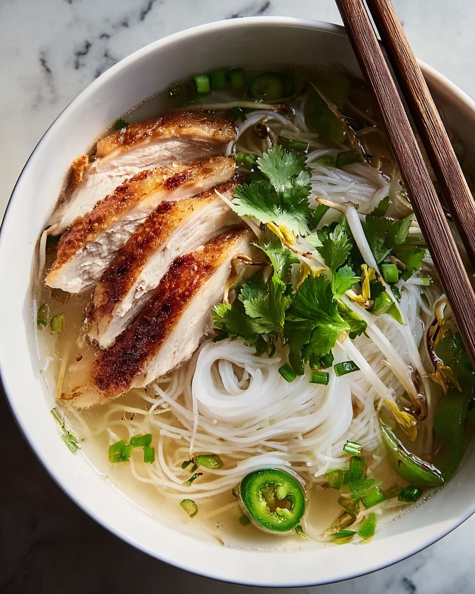 A white bowl filled with clear broth at the bottom, holding a nest of white rice noodles in the center. On top, there are two thick slices of cooked chicken with crispy golden-brown skin resting partially on the noodles. Around the edges, there are fresh bean sprouts, small chopped green onions, and a green chili slice floating in the broth. A few sprigs of fresh cilantro are placed on the chicken and noodles as garnish. Wooden chopsticks rest across the top edge of the bowl. The bowl sits on a white marbled surface. Photo taken with an iphone --ar 4:5 --v 7