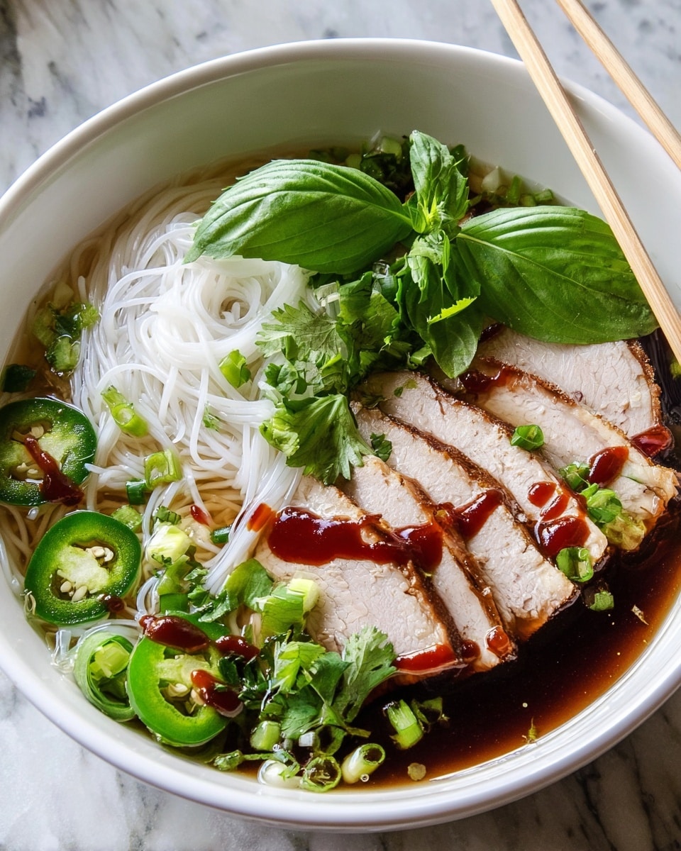 The image shows a white bowl filled with a clear broth at the bottom layer, topped with thin white rice noodles arranged in a small pile on one side. On top of the noodles, there are several slices of light brown cooked meat with a slightly darker edge. Over the meat, dark brown sauce and some red sauce are drizzled in lines. Bright green slices of jalapeño and chopped green onions are scattered around the bowl. Fresh green herbs, including cilantro leaves and basil, are placed on top, adding a vibrant, leafy texture. The bowl sits on a white marbled surface with wooden chopsticks resting on the edge. Photo taken with an iphone --ar 4:5 --v 7
