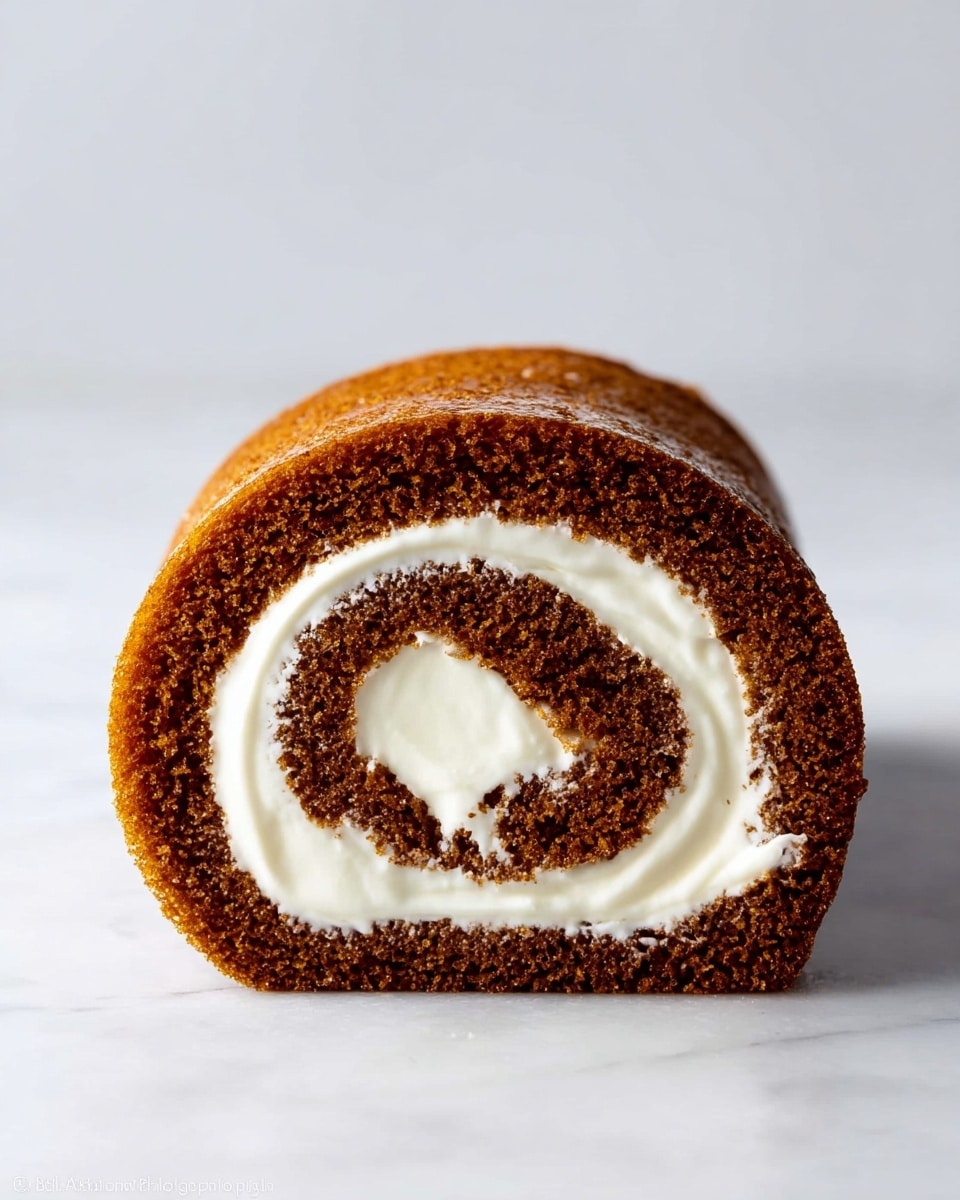 The image shows a single slice of a rolled cake with two main layers. The outer layer is a soft, brown cake with a spongy texture, wrapped tightly around the inner layer. The inner layer is white cream, smooth and thick, spiraled evenly inside the cake, giving a strong contrast against the brown. The rolled cake slice stands alone on a white marbled surface with a light and clean background. The photo taken with an iphone --ar 4:5 --v 7
