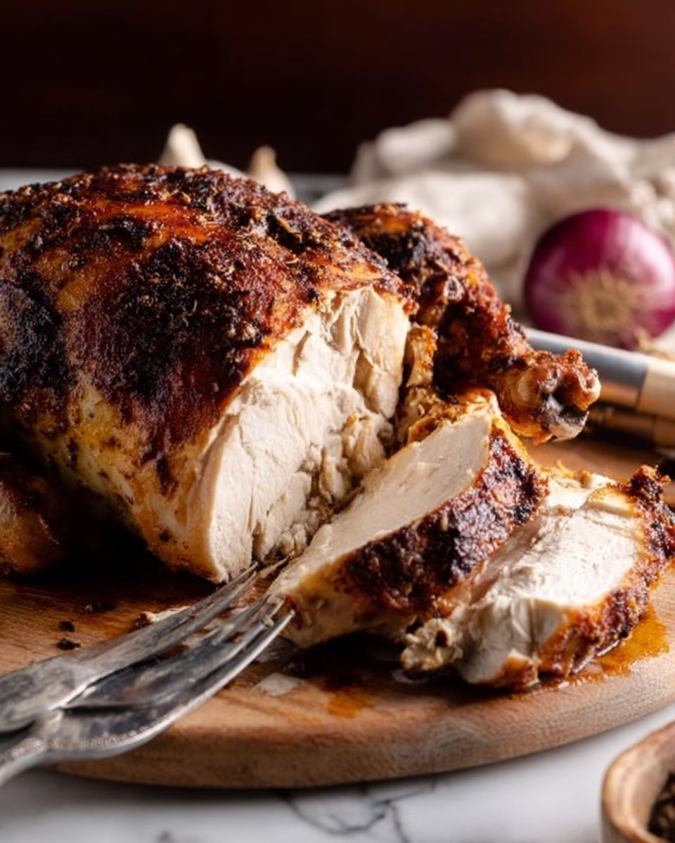 A whole roasted chicken with rich, dark brown crispy skin sits centered on a white plate with subtle ridged edges. The chicken is surrounded by sprigs of fresh green parsley on the plate, adding a bright contrast to the deep brown tones of the cooked bird. A white cloth is placed softly to the left of the plate, and the entire scene is set on a white marbled surface, giving a clean, elegant background. The chicken looks juicy and well-cooked, with its wings and legs spread naturally. photo taken with an iphone --ar 4:5 --v 7