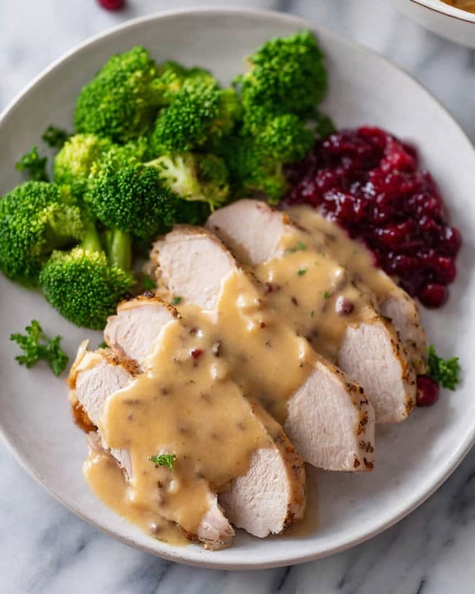 The image shows a white plate on a white marbled surface, with sliced light beige meat arranged in the center, covered by a creamy light brown gravy with visible small chunks. On the left side of the plate, there are bright green broccoli florets, and on the right side, a small serving of dark red cranberry sauce. A few green parsley leaves are placed near the top edge of the plate. The photo taken with an iphone --ar 4:5 --v 7