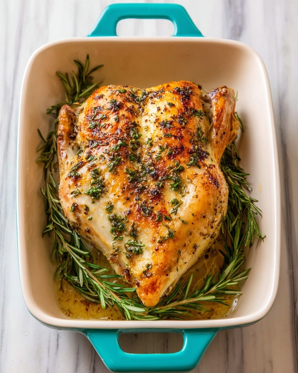 A single piece of roasted chicken with golden brown skin and green herb seasoning is placed in a white baking dish with turquoise handles. The chicken has a slightly crispy texture with herbs visibly spread over the top. Underneath the chicken, there are fresh green rosemary sprigs resting inside the dish. The dish is set on a white marbled surface. photo taken with an iphone --ar 4:5 --v 7