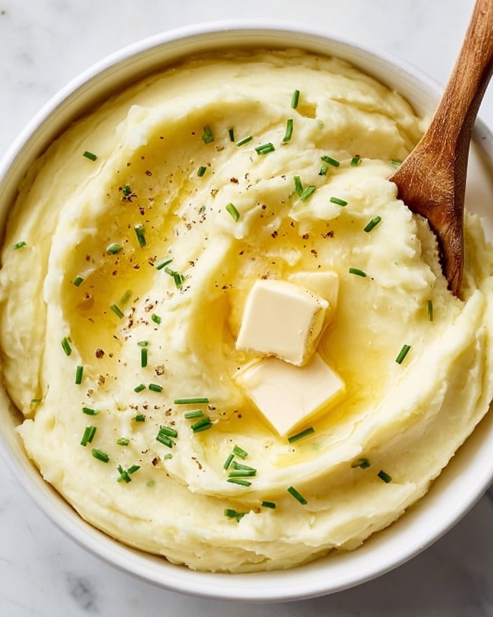 A white bowl filled with creamy mashed potatoes, smooth and light yellow in color, with two small cubes of melting butter on top. The butter is glossy with a soft yellow tone, surrounded by scattered small green chives and a light sprinkle of black pepper. A wooden spoon rests inside the bowl, touching the mashed potatoes, with smooth, swirled textures visible on the surface. The bowl sits on a white marbled surface. photo taken with an iphone --ar 4:5 --v 7