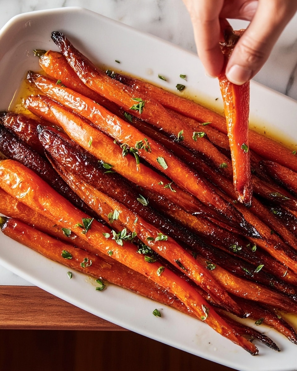 A white rectangular plate holds a single layer of long, roasted carrots arranged side by side. The carrots have a shiny, glazed surface with deep orange and dark brown caramelized spots, showing a mix of smooth and slightly wrinkled textures. Small green herb leaves are scattered lightly over the carrots. A woman's hand is seen gently reaching toward the top edge of the plate. The background features a white marbled texture photo taken with an iphone --ar 4:5 --v 7