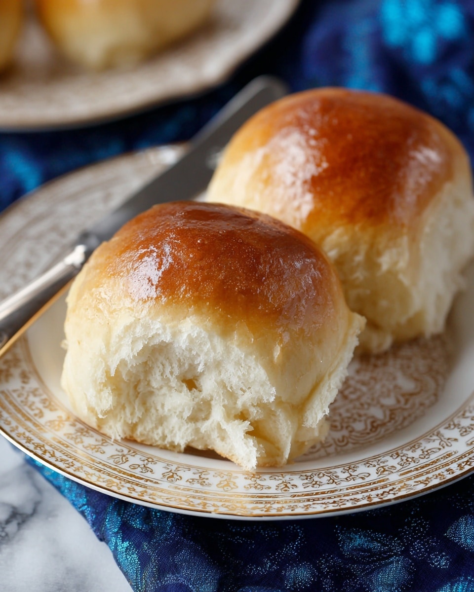 Two soft bread rolls with golden brown tops and light fluffy white insides sit side by side on a white plate with intricate gold patterns. One roll is whole while the other is slightly torn, showing its soft texture. The plate rests on a deep blue cloth with subtle patterns, and near the edge of the frame, a knife with a shiny silver handle is partially visible. The background surface is a white marbled texture. photo taken with an iphone --ar 4:5 --v 7