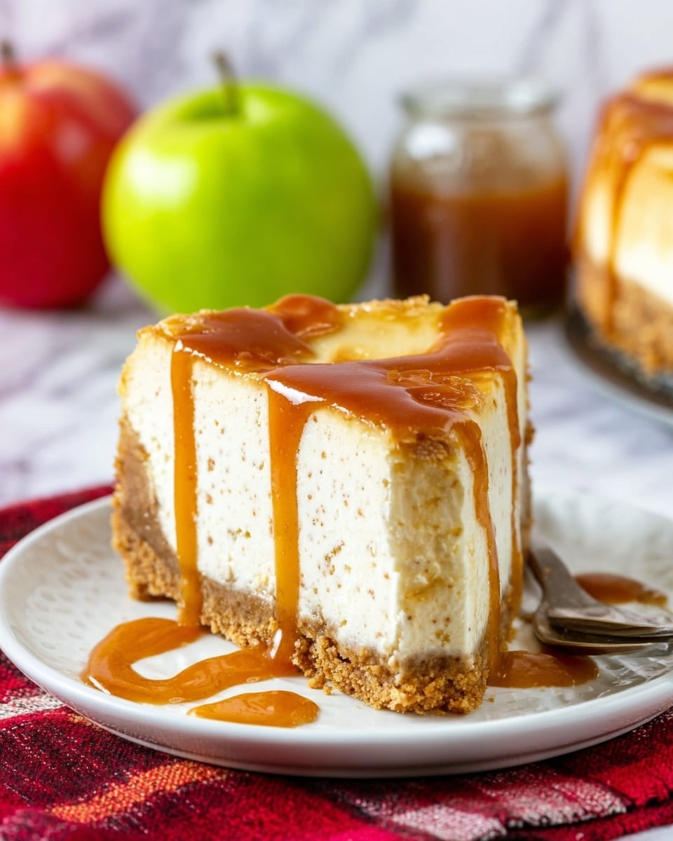 A slice of cheesecake sits on a white plate placed on a red and white cloth, with three layers visible: a bottom crumbly golden brown crust, a thick creamy off-white middle layer with small specks, and a golden caramel sauce layer dripping down the sides and pooling on the plate below, all against a white marbled surface with blurred red and green apples and a jar in the background, a silver fork resting nearby. photo taken with an iphone --ar 4:5 --v 7