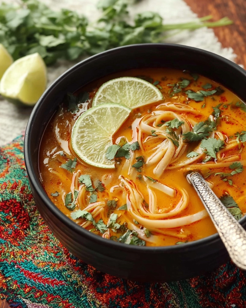 A black bowl filled with a bright orange soup with visible layers of wide noodles, shredded white chicken meat, and green cilantro leaves floating on top. Two thin lime slices rest on the surface, adding a fresh green and yellow contrast. A silver spoon is placed in the bowl, its handle resting on the edge. The bowl sits on a colorful patterned cloth with a woman's hand gently holding the edge of the bowl. The background is a white marbled texture photo taken with an iphone --ar 4:5 --v 7