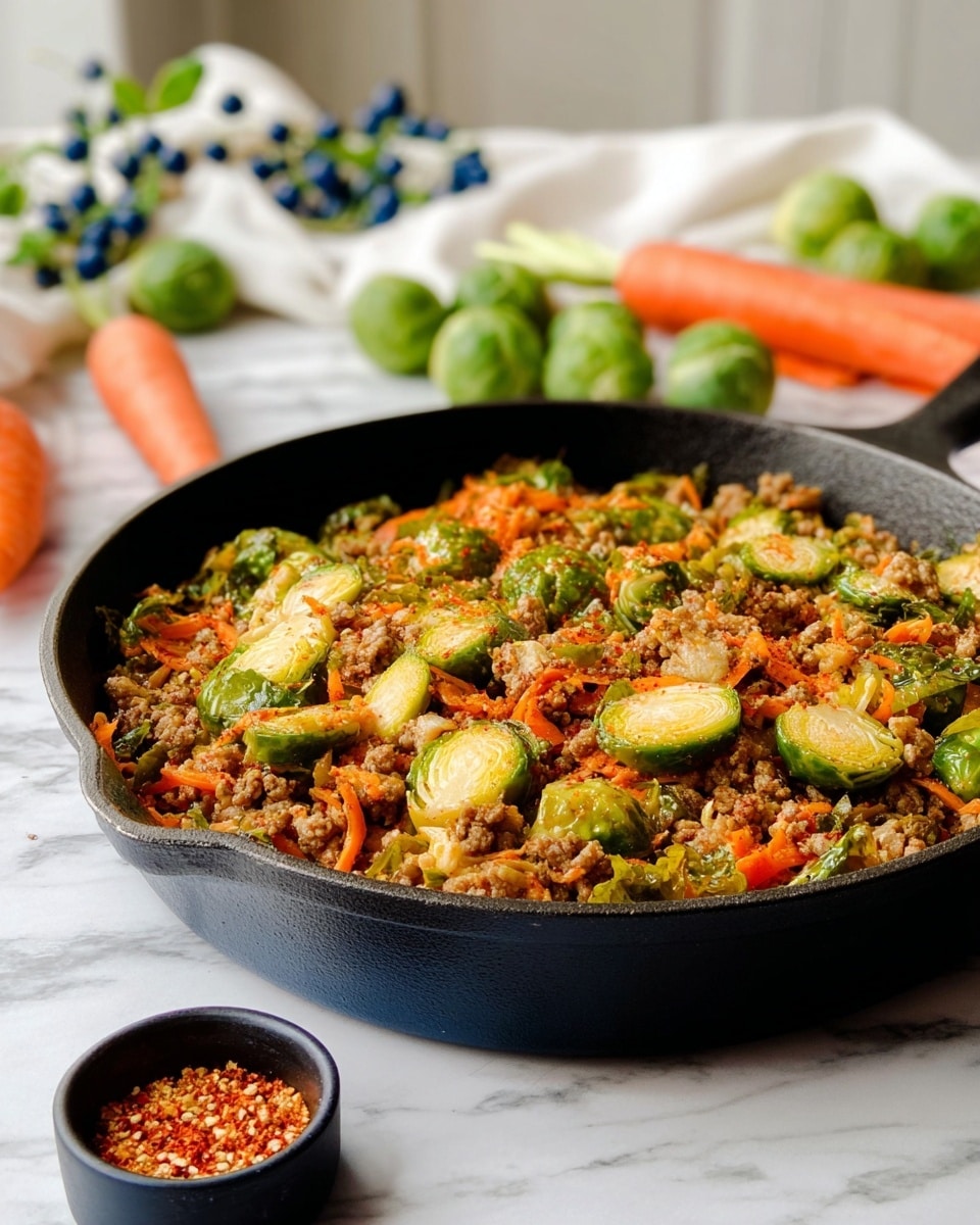 A black cast iron skillet filled with a cooked dish showing three main layers: the bottom has small light brown pieces of cooked meat mixed with finely shredded bright orange carrots; scattered among these are multiple halved Brussels sprouts displaying their light green interiors and dark green outer leaves, adding fresh texture and color; the top layer is a mix of these ingredients evenly blended, with a slightly moist and hearty look. The skillet sits on a white marbled surface, with a blurred background of a white cloth decorated with blue berries, whole carrots in bright orange, and whole green Brussels sprouts. A small black bowl with finely ground red spice is also visible in the foreground. Photo taken with an iphone --ar 4:5 --v 7