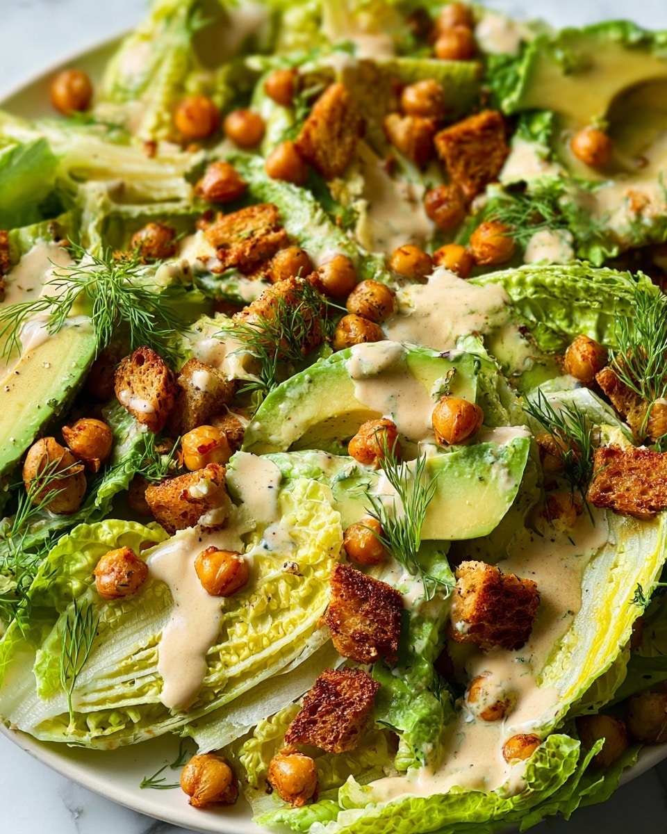 This image shows a close-up of a salad with several layers. The bottom layer is fresh green lettuce leaves with a crisp texture. On top of the lettuce, there are slices of bright green avocado with smooth, curved lines. Scattered across the salad are small, round, golden-brown roasted chickpeas that add a crunchy texture. There are also pieces of crispy, browned croutons placed evenly throughout the salad. Light beige dressing is drizzled over all the layers, adding a creamy touch. Small sprigs of fresh dill herbs are sprinkled over the dish for a hint of green and decoration. The salad is placed on a white plate on a white marbled surface. Photo taken with an iphone --ar 4:5 --v 7