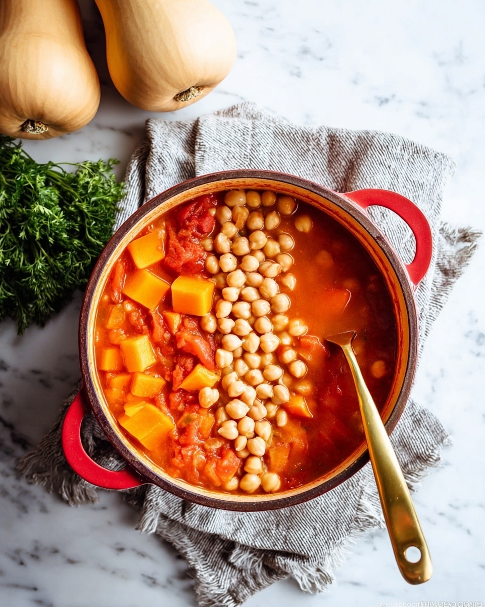 A red pot filled with a thick orange-red stew is shown from above. The stew has two clear sections: one side shows soft chunks of light orange squash, bright pieces of tomato, and a single round carrot slice floating in the sauce, while the other side is topped with a pile of pale beige chickpeas. A wooden spoon with a golden-brown handle rests on the edge of the pot, partially submerged in the stew. The pot sits on a light gray cloth on a white marbled surface, with two butternut squashes on the top left and green carrot tops on the top right. Photo taken with an iphone --ar 4:5 --v 7