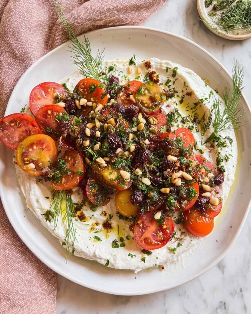 Heirloom Tomato Salad with Whipped Ricotta, Olives, and Pine Nuts Recipe