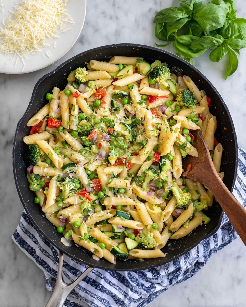 The image shows a black skillet filled with cooked penne pasta mixed with various vegetables. The pasta is light yellow and smooth, scattered among bright green broccoli florets, green peas, and thin slices of light green zucchini. There are small pieces of red bell pepper and finely chopped purple onion spread throughout. Fresh green herbs are sprinkled on top, adding texture and color. A wooden spoon rests inside the skillet on the right side. Around the skillet, there is a white plate with grated cheese and fresh green basil leaves, all placed on a white marbled surface with a blue and white striped cloth underneath the skillet. Photo taken with an iphone --ar 4:5 --v 7