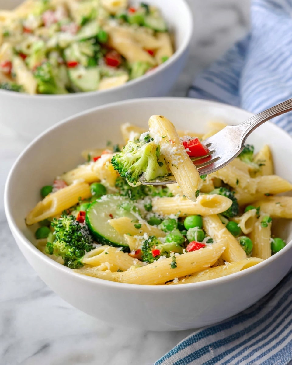 A white bowl filled with three layers of food: the bottom layer is yellow penne pasta, the middle layer has bright green broccoli florets, peas, and sliced cucumbers, and the top layer includes small pieces of red bell pepper, finely chopped herbs, and a sprinkle of white grated cheese, all mixed together with light seasoning visible as small black pepper specks; a silver fork lifts a bite showing a combination of pasta, broccoli, cucumber, and cheese; in the background, there is a second white bowl with the same dish on a white marbled surface with a blue and white striped cloth nearby. photo taken with an iphone --ar 4:5 --v 7