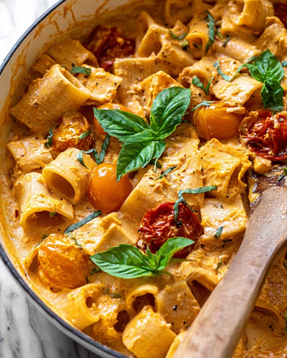 A close-up view of a white pan filled with creamy orange sauce pasta. The pasta is thick and square-shaped, covered evenly by the sauce, with several roasted yellow cherry tomatoes mixed in. Bright green fresh basil leaves are placed on top, adding a fresh contrast. The sauce looks smooth and rich with small bits of herbs. A wooden spoon is partly dipped into the dish at the bottom right. The background is a white marbled surface photo taken with an iphone --ar 4:5 --v 7