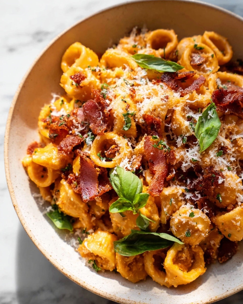 A white bowl filled with round pasta rings in a creamy orange sauce, topped with crispy browned slices of meat and sprinkled with grated white cheese. Bright green fresh basil leaves are scattered on top and around the pasta. The pasta looks soft and slightly shiny with some herbs mixed in, with the crispy meat adding texture and a darker reddish-brown color. The bowl sits on a white marbled surface with warm natural light highlighting the food. Photo taken with an iphone --ar 4:5 --v 7