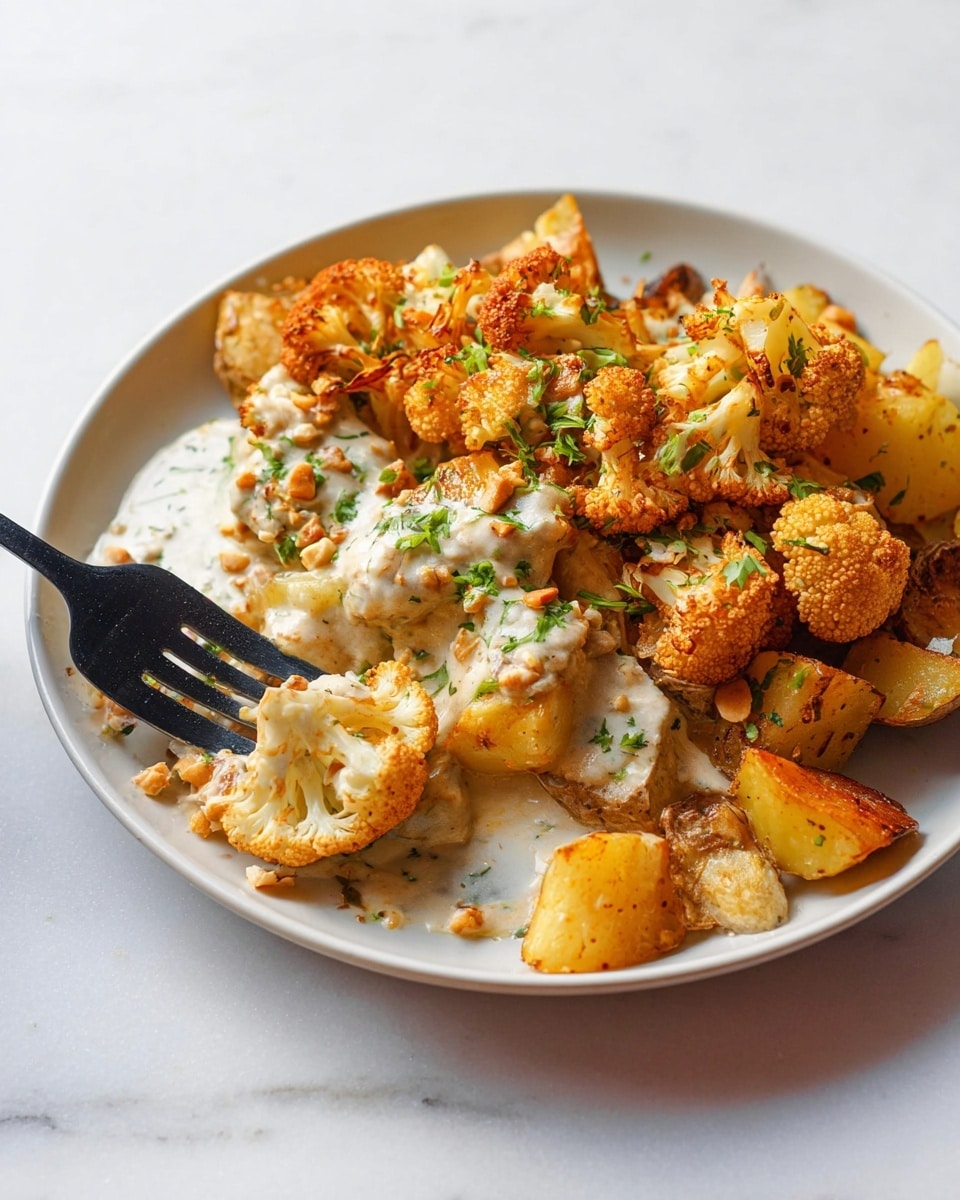 A white rectangular baking dish filled with roasted cauliflower florets, sliced yellow potatoes, and chickpeas, all coated with a reddish spice. There are two halves of lemon placed on top of the vegetables. The texture of the cauliflower is soft and slightly browned, while the potatoes are thickly sliced with a smooth outer layer. The chickpeas are scattered throughout, adding a round shape to the mix. The dish rests on a white marbled surface. photo taken with an iphone --ar 4:5 --v 7