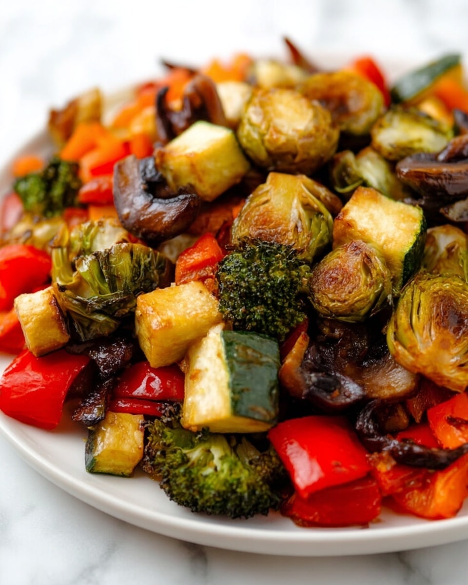 A close-up of a dish showing roasted vegetables piled high on a white plate placed on a white marbled surface. The bottom layer has chunky pieces of red and orange bell peppers, bright green broccoli florets, and dark green zucchini cubes, all roasted with a slight shine. On top, there are golden-brown roasted Brussels sprouts, some halved to show their textured, caramelized inside. Dark brown roasted mushroom chunks are mixed throughout, adding depth. The vegetables have a glossy look, showing they are well cooked but still moist. Photo taken with an iphone --ar 4:5 --v 7