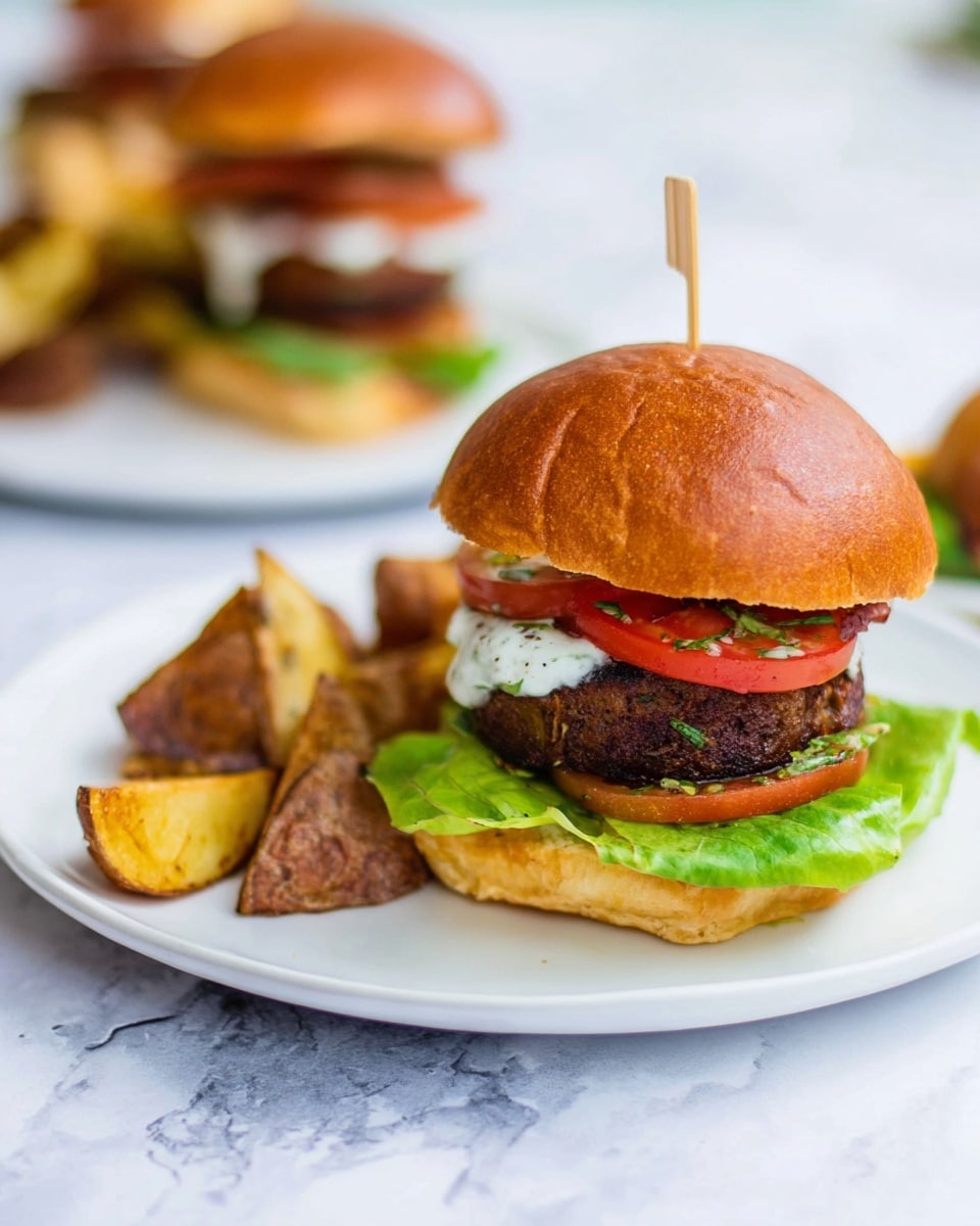 A close-up of a burger on a white plate with roasted potato pieces on the side. The burger has five layers: a shiny brown top bun with a wooden skewer in the center, a thick dark brown patty beneath it, a smear of white sauce over the patty, bright red tomato slices under the patty, and crisp green lettuce on the bottom bun. The plate sits on a white marbled surface. In the background, there is a blurred view of another similar burger plate. Photo taken with an iphone --ar 4:5 --v 7