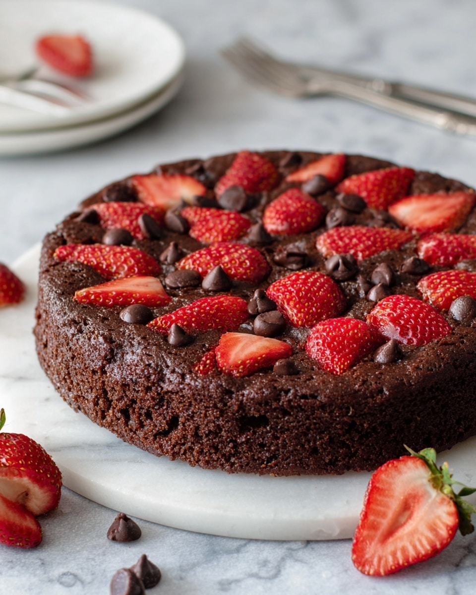 A single-layer round chocolate cake sits on a white marble surface, its rich dark brown texture slightly rough on the sides. The top layer is studded with large red strawberry halves, arranged evenly, and scattered chocolate chips give extra detail and shine. The cake looks moist and dense, with the strawberries partly submerged but still clearly visible. Nearby, a few whole and sliced strawberries and several chocolate chips are placed on the white marble surface, adding color contrast. In the background, white plates and silver forks are softly blurred. Photo taken with an iphone --ar 4:5 --v 7