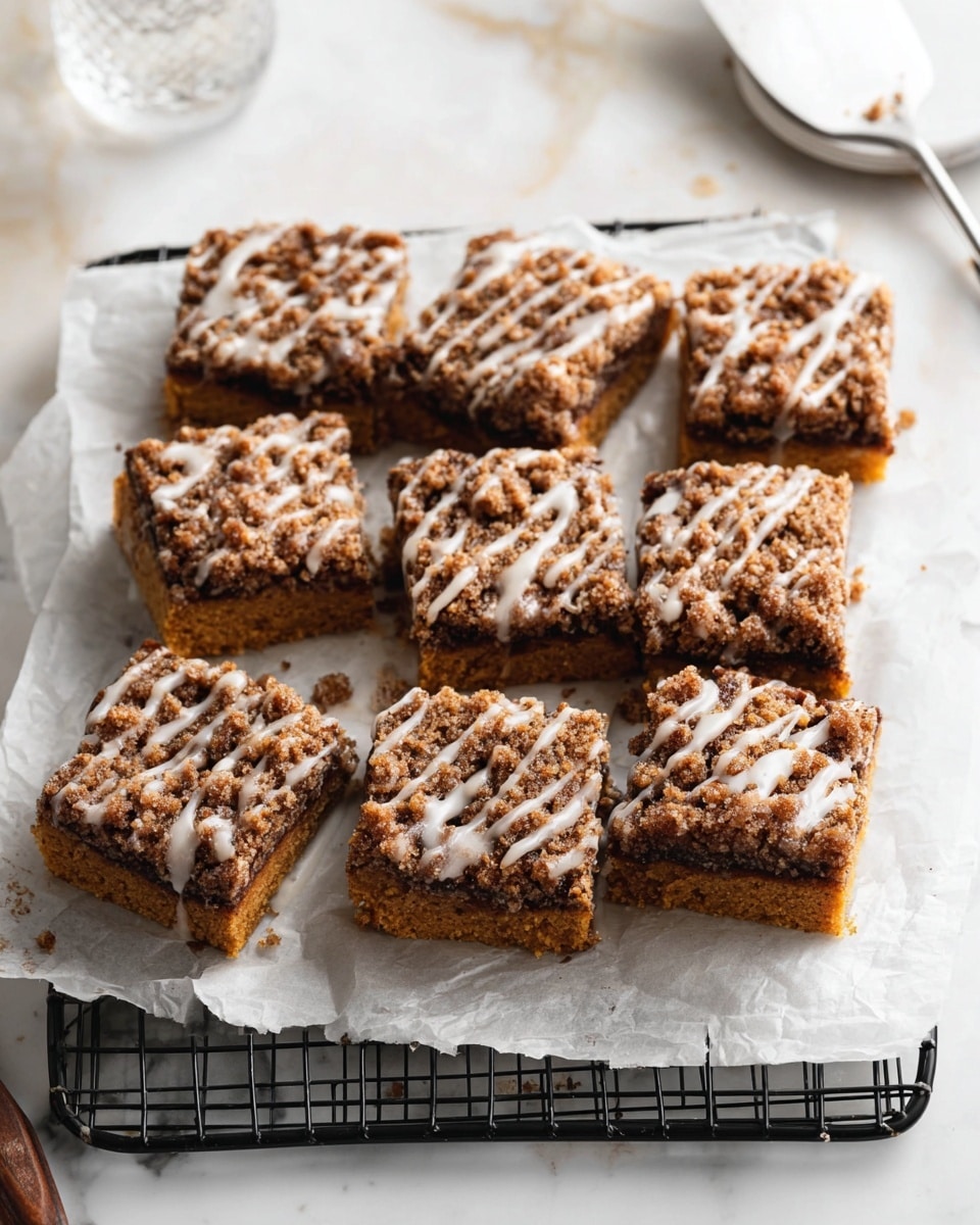 The image shows a close-up of square cake pieces with two distinct layers. The bottom layer is thick, light brown-orange with a soft, crumbly texture. The top layer is darker brown with a crumbly streusel topping sprinkled with a light glaze that creates shiny spots. The pieces are arranged closely on a white marbled surface, and one slice is placed on top of another piece, showing the two layers clearly. Photo taken with an iphone --ar 4:5 --v 7