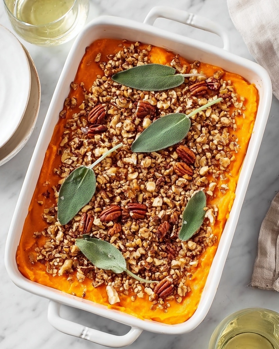 The dish is shown in a white rectangular baking dish with smooth handles on both sides. The base layer is a thick, smooth, bright orange spread that covers the entire surface evenly. On top, there is a layer of finely chopped mixed nuts, mainly walnuts, creating a crunchy texture with irregular small pieces. Scattered among the nuts are whole pecans that add a darker brown color and more texture contrast. Fresh green sage leaves of different sizes are placed evenly on top, adding a soft, leafy visual with a slightly fuzzy texture. The whole dish is on a white marbled surface with a glass of light yellow liquid and part of a white plate visible on the side. The overall look is fresh and inviting. photo taken with an iphone --ar 4:5 --v 7