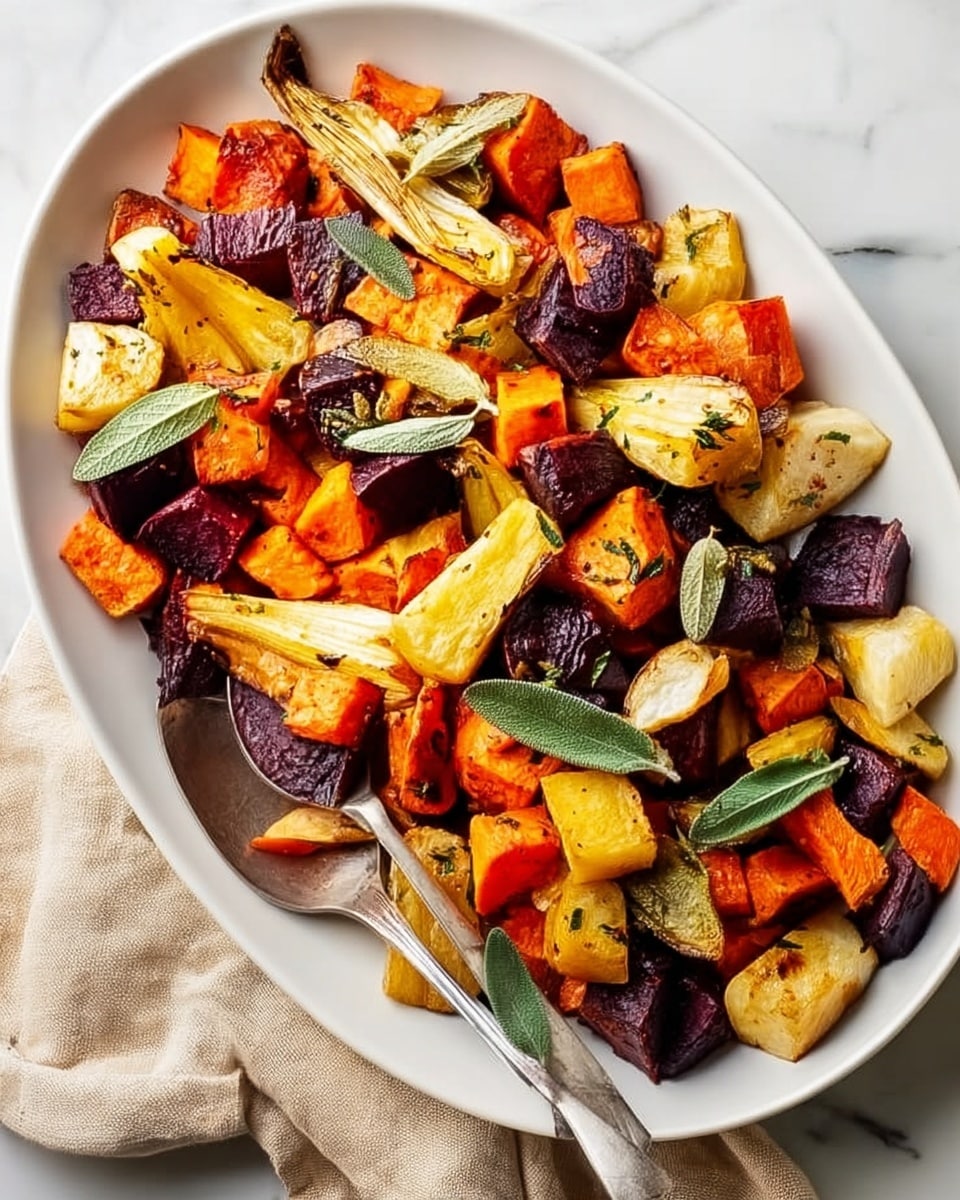 A white oval plate filled with a mix of roasted root vegetables, including orange sweet potato chunks, deep purple beet pieces, light yellow parsnip slices, and orange carrot segments. Scattered fresh green sage leaves add a touch of color and texture on top. A silver spoon rests at the bottom edge of the plate, and a beige cloth napkin is placed beside the plate on a white marbled surface. photo taken with an iphone --ar 4:5 --v 7