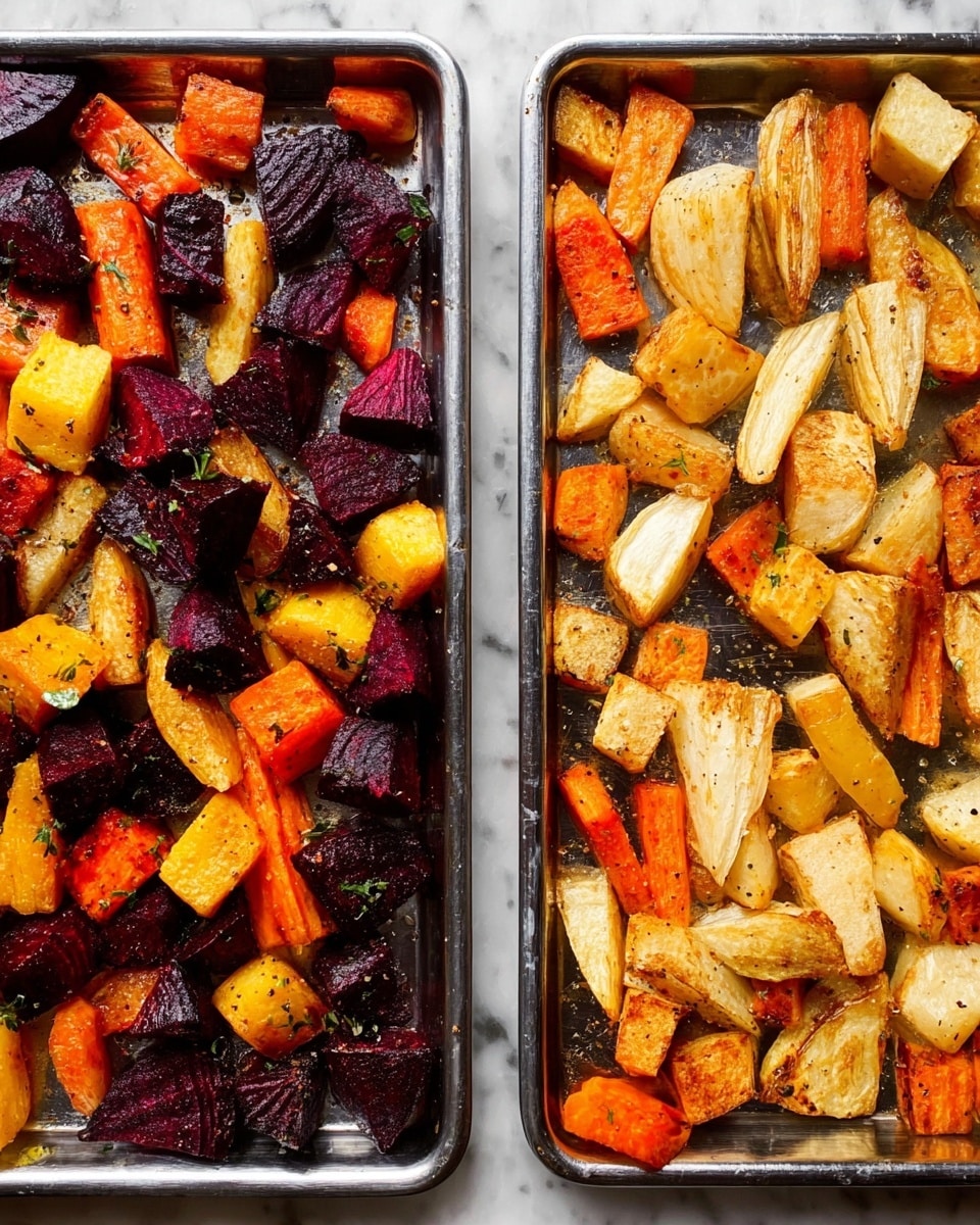 Two metal trays filled with roasted vegetables sit side by side on a white marbled surface. The left tray has three kinds of root vegetables: deep purple beet chunks, bright orange carrot slices, and yellow beet pieces, all roasted with a slightly crisp texture and some herbs scattered on top. The right tray holds larger pieces of roasted vegetables including pale beige parsnips, orange sweet potato chunks, and light golden turnip fragments, with hints of seasoning and roasted browning. The colors are rich and warm, contrasting well against the shiny metal trays. photo taken with an iphone --ar 4:5 --v 7