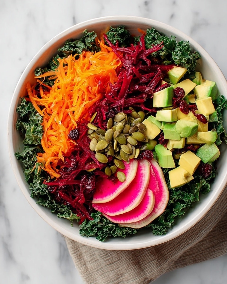 A white bowl filled with a colorful layered salad on a white marbled surface. The base layer is dark green kale leaves, covering the entire bowl. On top of the kale, there are rows of bright orange shredded carrots in the center, next to a row of deep red shredded beets. On one side of the carrots, there are small cubes of light green avocado arranged neatly, mixed with small dark red dried cranberries. Adjacent to the beets, there are thin pink and green watermelon radish slices arranged in a row. Light green pumpkin seeds are scattered on top of the beets and radish slices, adding texture. The whole dish looks vibrant and fresh. Photo taken with an iphone --ar 4:5 --v 7