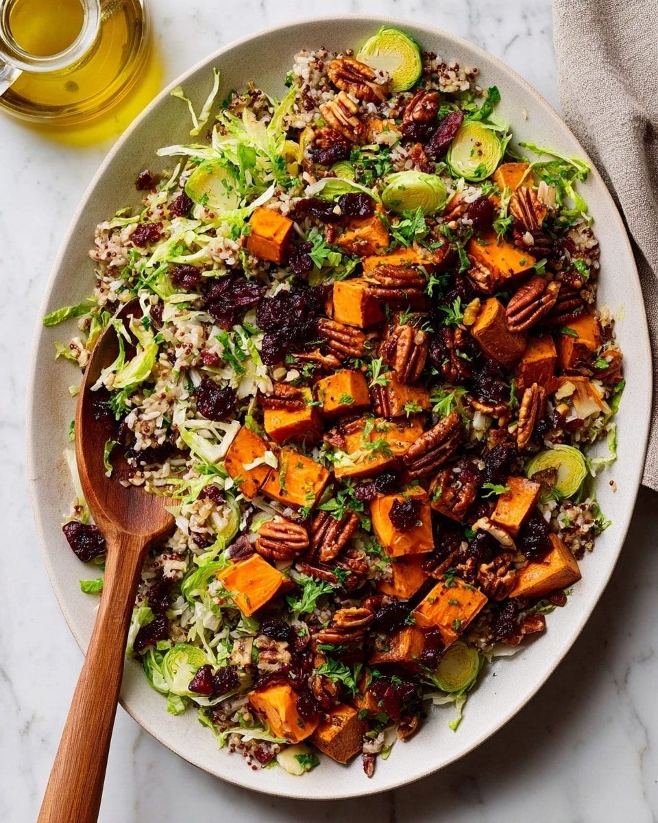 A large white plate with a colorful salad made of several layers is displayed on a white marbled surface. The base layer is shredded pale green Brussels sprouts mixed with light brown cooked grains. On top, there are bright orange roasted sweet potato cubes scattered across the plate. Dark red dried cranberries and glossy dark brown pecan halves add texture and color contrast throughout. Fresh green herbs are sprinkled on top for a touch of brightness. A wooden spoon rests on the salad, mixing some of the layers together. A clear glass bottle of golden olive oil sits nearby. Photo taken with an iphone --ar 4:5 --v 7