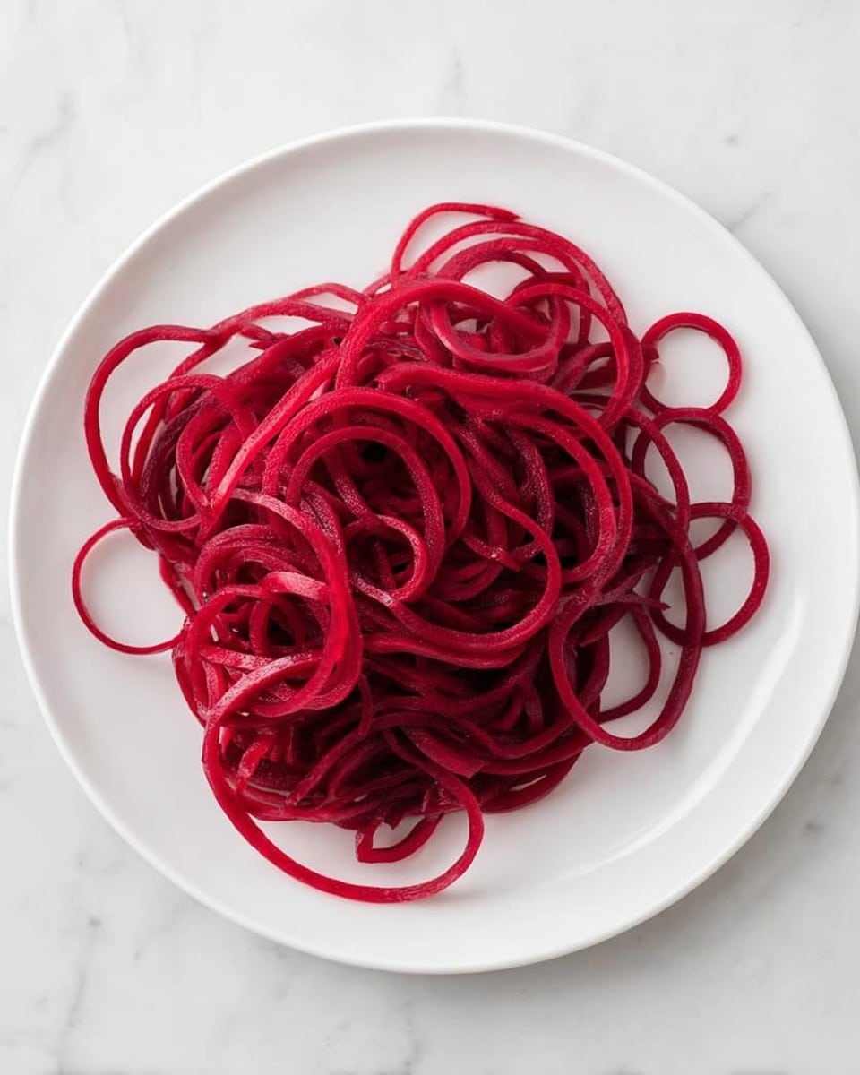 A plate of spiralized deep red beet noodles piled loosely in the center of a white plate, showing their smooth, slightly shiny texture with some curls and loops overlapping each other, all placed on a white marbled surface. photo taken with an iphone --ar 4:5 --v 7