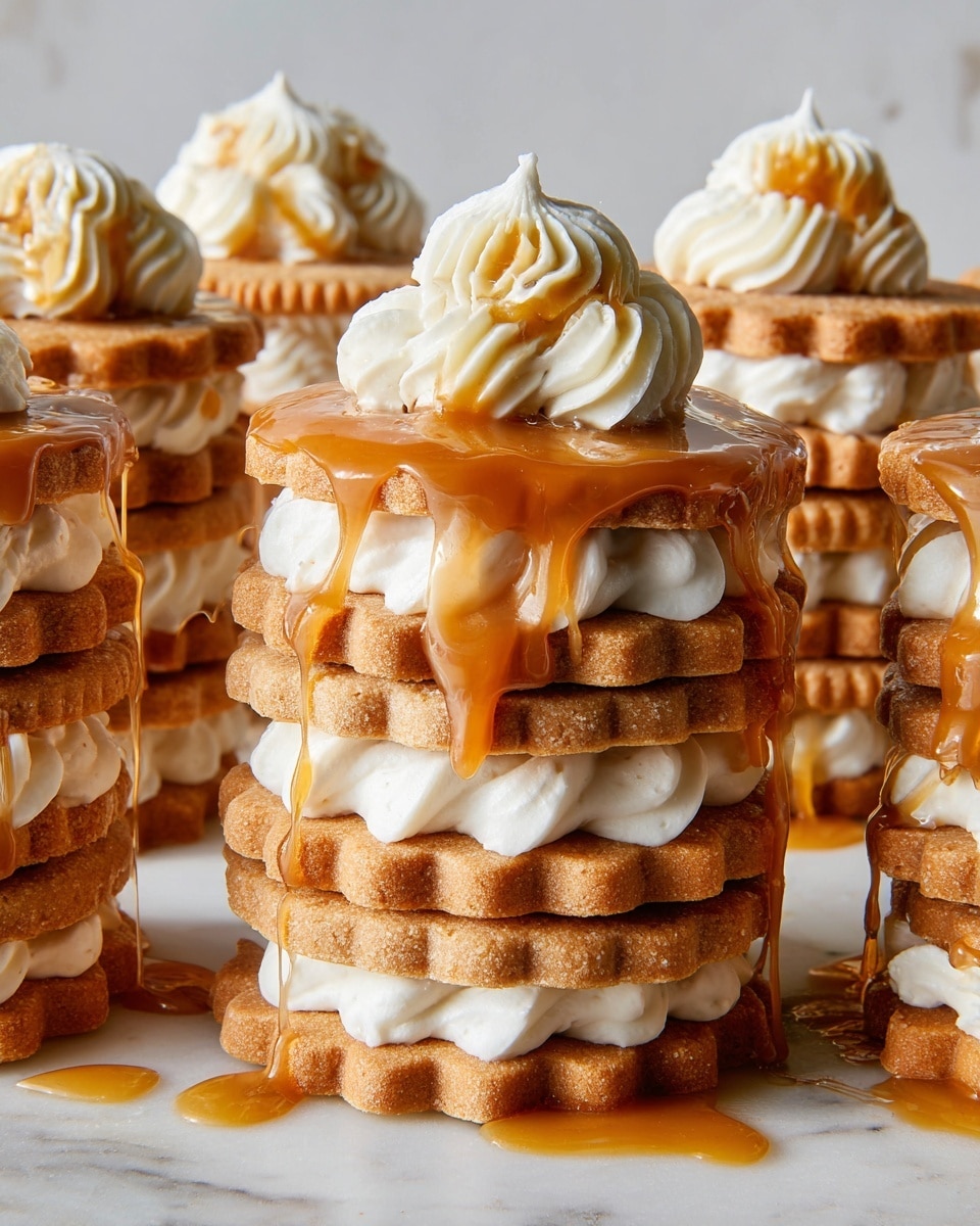 The image shows multiple stacks of layered cookies with cream filling on a white marbled surface. Each stack consists of four light brown, scalloped cookie layers that look slightly crunchy. Between every cookie layer, there is a smooth, white cream with a piped, ridged texture. On the top cookie, there is a swirl of the same cream, slightly larger than the ones between layers. A thick caramel sauce is drizzled over the top cream and cookie edges, with some caramel dripping down the sides and pooling on the white marbled surface. The stacks are arranged close together, filling the frame. Photo taken with an iphone --ar 4:5 --v 7