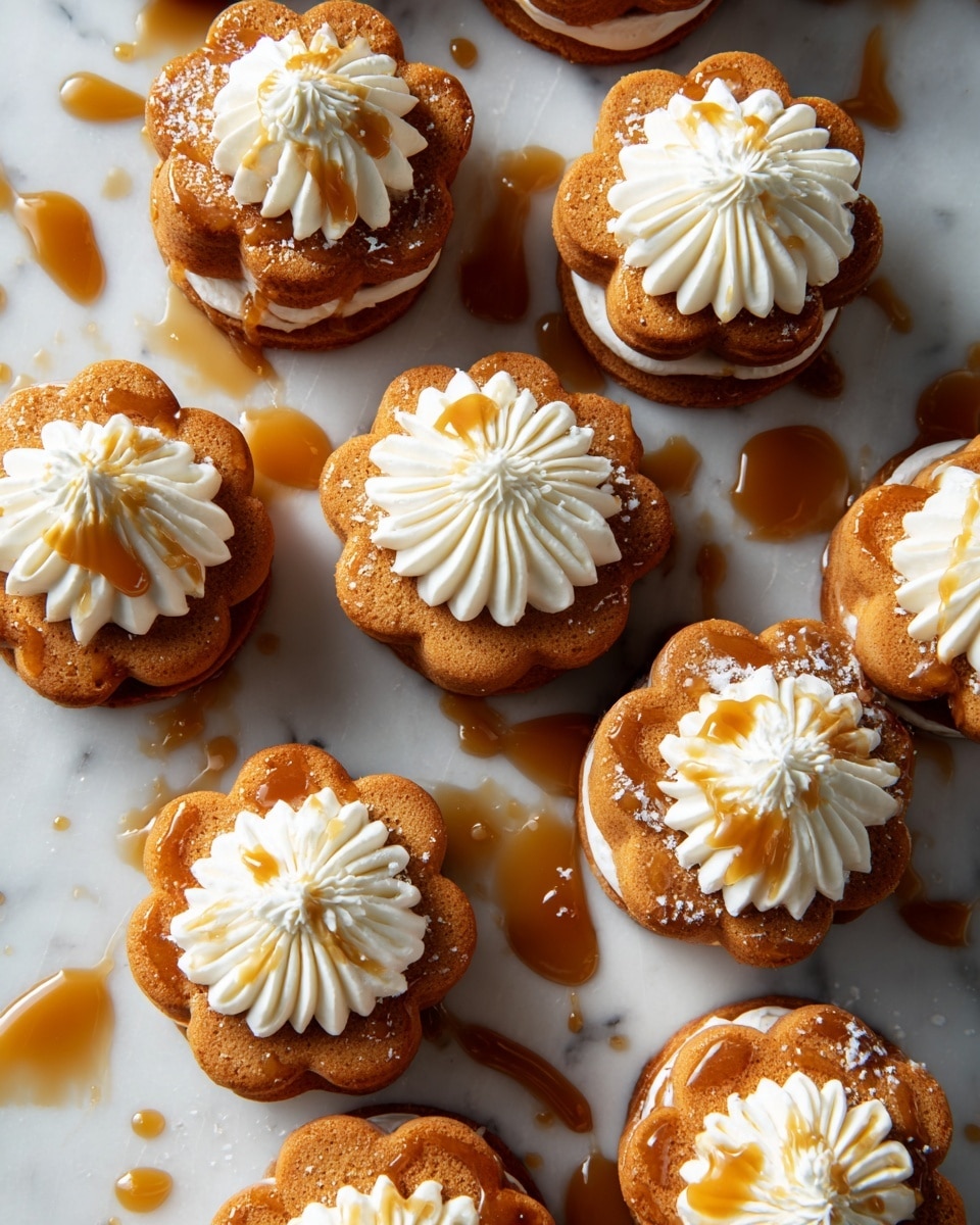 The image shows several small, round desserts arranged on a white marbled surface. Each dessert has two layers of light brown, flower-shaped cakes with a soft texture. Between the two cake layers is a thick, creamy white filling. The top layer is decorated with white cream swirls in various patterns, and a glossy caramel sauce is drizzled over the top and around the cakes, creating shiny amber pools and streams. The overall look is neat and inviting with a mix of smooth, creamy, and slightly rough textures. photo taken with an iphone --ar 4:5 --v 7