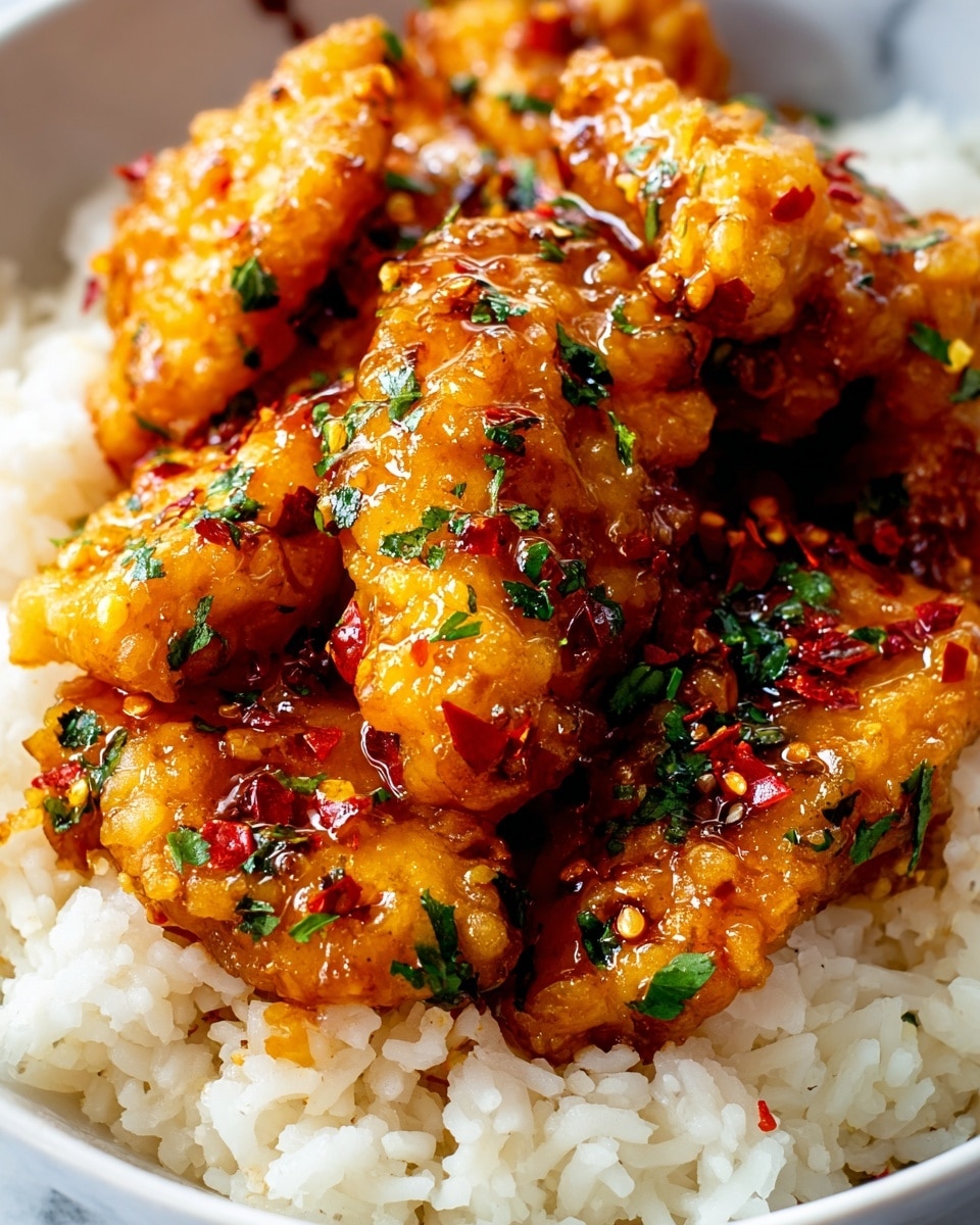 A close-up view of a white bowl filled with two layers: the bottom layer is steamed white rice with soft, slightly separated grains, and the top layer shows crispy golden pieces of fried chicken coated in a shiny, sticky orange sauce speckled with green chopped herbs and red chili flakes. The chicken pieces have a textured, crunchy surface visible under the glossy sauce, and the herbs add a fresh color contrast. The white marbled surface is faintly visible around the bowl's edges. photo taken with an iphone --ar 4:5 --v 7