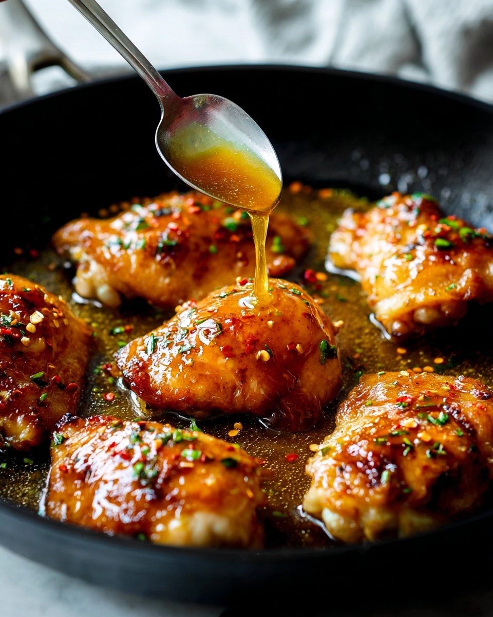 The image shows a black pan with six golden-brown chicken pieces cooking in a glossy sauce, some sprinkled with small green herb flakes and red chili flakes. A spoon held by a woman's hand is pouring more shiny, amber-colored sauce over the chicken in the middle, giving it a wet, shiny layer. The chicken pieces have a crispy texture with some bubbling sauce around them. The background is softly blurred, highlighting the rich colors and textures of the chicken and sauce, positioned on a white marbled texture. photo taken with an iphone --ar 4:5 --v 7