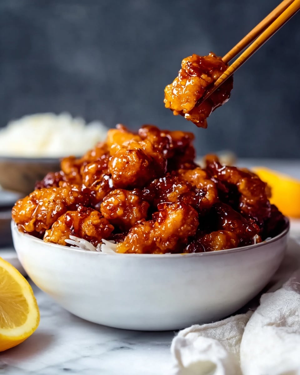 A white bowl filled with shiny, golden-brown pieces of fried chicken covered in a thick, sticky sauce sits on a white marbled surface. The chicken pieces are piled high and look crispy with a rich glaze that reflects light. Behind the chicken, there is a small wedge of lemon peeking out and some white rice partially visible along the edge of the bowl. Above the bowl, a pair of wooden chopsticks holds one piece of the sauced chicken close to the camera. A white cloth napkin lies casually in the lower right corner of the image. The background is blurry and dark gray, making the food stand out clearly. Photo taken with an iphone --ar 4:5 --v 7