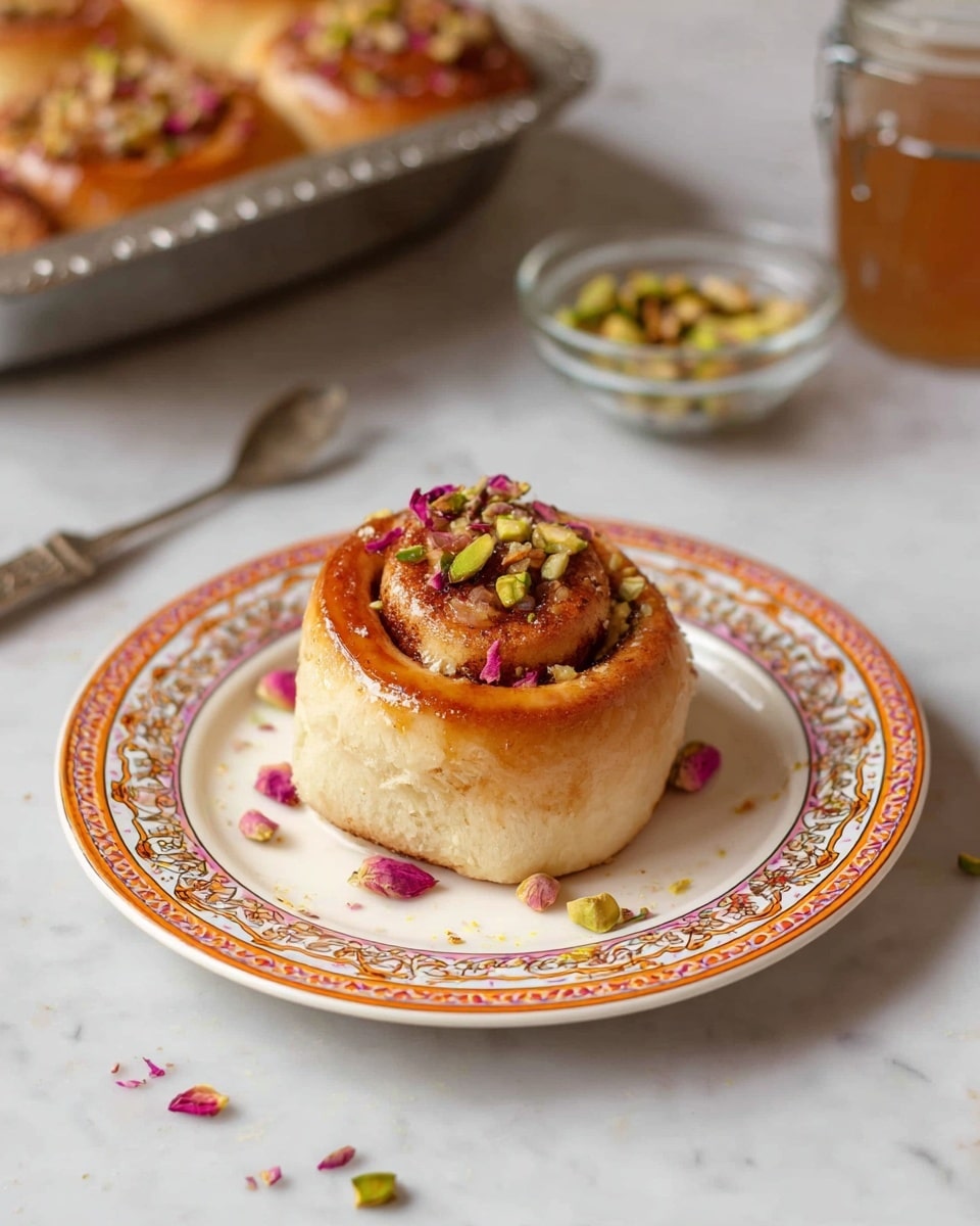 A single round roll sits in the center of a white plate with an ornate orange and gold border. The roll is golden brown with a soft, slightly shiny texture. It is topped with small pieces of green pistachio, chopped nuts, and scattered pink rose petals. Around the roll on the plate, there are a few more scattered green pistachio pieces and rose petals. In the background, there is a silver baking dish with several more of the same rolls, a small glass bowl filled with green nuts, and a clear glass jar with a light brown liquid. All items are placed on a white marbled surface. photo taken with an iphone --ar 4:5 --v 7