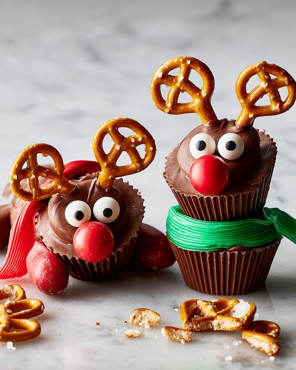 The image shows two small reindeer figures made from chocolate candy cups. Each reindeer has two white eyes with black centers placed on the front of a chocolate cup base. The reindeer on the left is lying down, with its body made of a similar chocolate cup, red candy as a nose on top, and four small pretzel pieces as legs positioned underneath. A red licorice strip is wrapped around its body like a scarf. The reindeer on the right is standing, made of two stacked chocolate cups with a red candy nose in the middle. It has two large pretzels as antlers on top and a green licorice strip wrapped around the base like a scarf. Both sit on a white marbled surface with some broken pretzel pieces scattered nearby. photo taken with an iphone --ar 4:5 --v 7