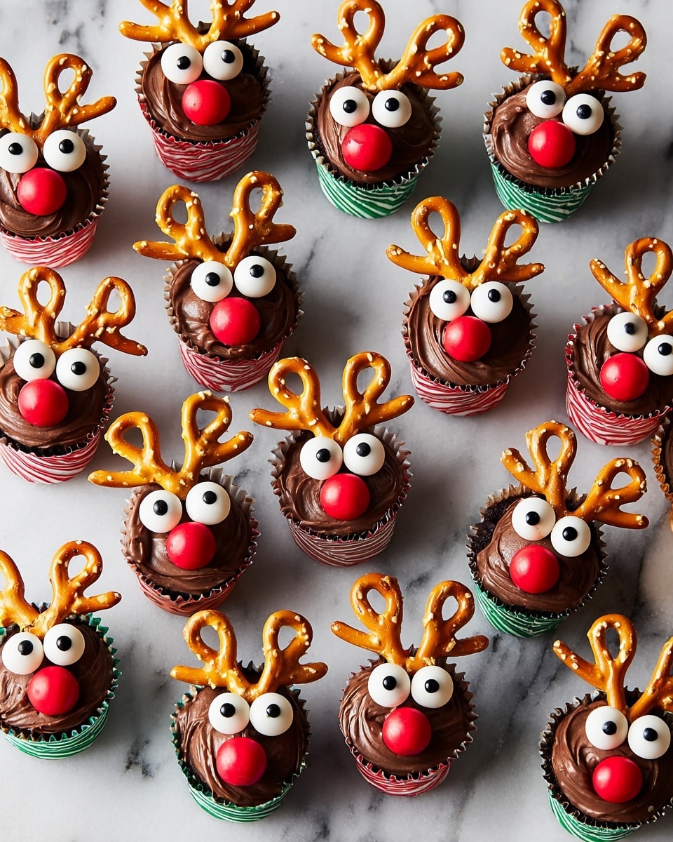 The image shows many small reindeer-shaped treats arranged on a white marbled surface. Each treat has two layers: the bottom is a chocolate brown cupcake and the top is a chocolate cup with two pretzels stuck in as antlers. Each reindeer has two large white candy eyes with black pupils and a red candy nose below the eyes. Around the bottom of each chocolate cup is a thin, twisted candy scarf in red, green, or white colors, crossing in front to add texture and color contrast. The pretzels are golden brown and shiny, creating a nice contrast with the matte chocolate. photo taken with an iphone --ar 4:5 --v 7