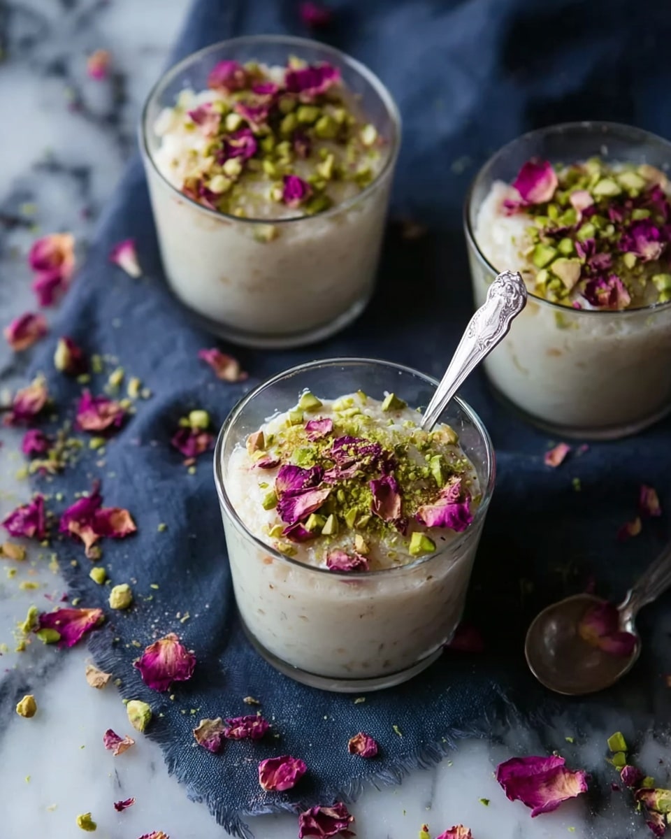 Three clear glass cups hold a creamy white dessert topped with bright green crushed pistachios and scattered deep pink rose petals. The dessert looks soft and smooth, filling each cup almost to the top. One cup closest to the viewer has a small silver spoon resting inside it. The cups sit on a dark blue cloth draped over a white marbled surface. Around the cups and spoons there are bits of pistachio and rose petals scattered, creating a natural, casual look. Photo taken with an iphone --ar 4:5 --v 7