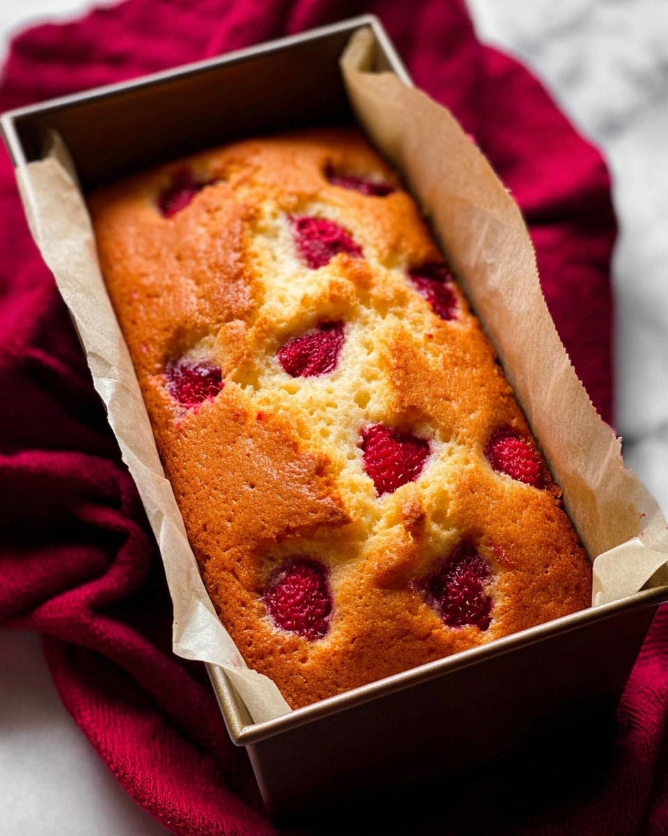 The image shows a golden brown loaf cake in a rectangular baking tin lined with parchment paper. The cake has a slightly rough texture on top and is dotted with eight deep red raspberry pieces that are partially embedded in the surface, creating uneven patches of red against the warm, soft yellow-brown cake. The baking tin sits on a white marbled surface with a rich, deep red cloth in the background. The cake looks fresh and moist, with a homemade feel. photo taken with an iphone --ar 4:5 --v 7