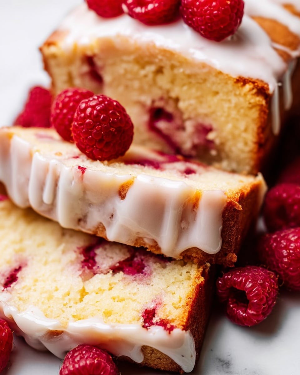 The image shows slices of soft cake with a light golden brown crust and a pale yellow inside, filled with red raspberry pieces scattered in the layers. White icing glaze drips over the top and sides of the cake, creating a smooth and shiny texture contrasting with the rough cake. Fresh, bright red raspberries sit on top and around the cake slices, adding a fresh look. The cake pieces are arranged close together on a white plate, all set against a white marbled surface. Photo taken with an iphone --ar 4:5 --v 7