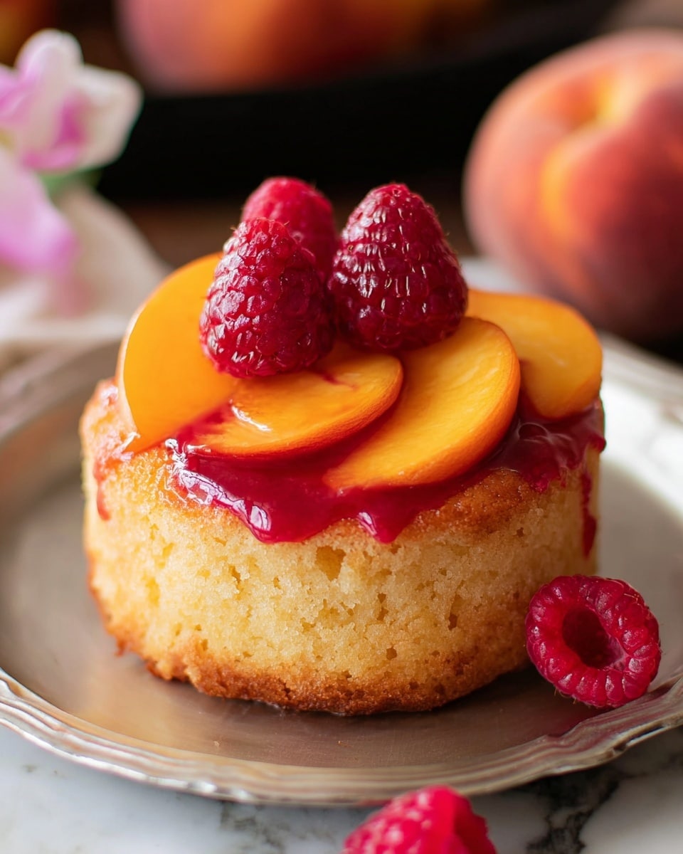 A single round cake with a golden brown color sits on a white plate with a shiny metal look. On top of the cake are two layers of fresh fruit: the bottom layer has three thick slices of glossy orange peach, and the top layer holds three bright red raspberries covered in a shiny red sauce that drips slightly down the sides of the cake. The setting includes a white marbled surface with blurred out peaches and raspberries in the background, and a woman's hand holding one raspberry near the bottom right corner. photo taken with an iphone --ar 4:5 --v 7